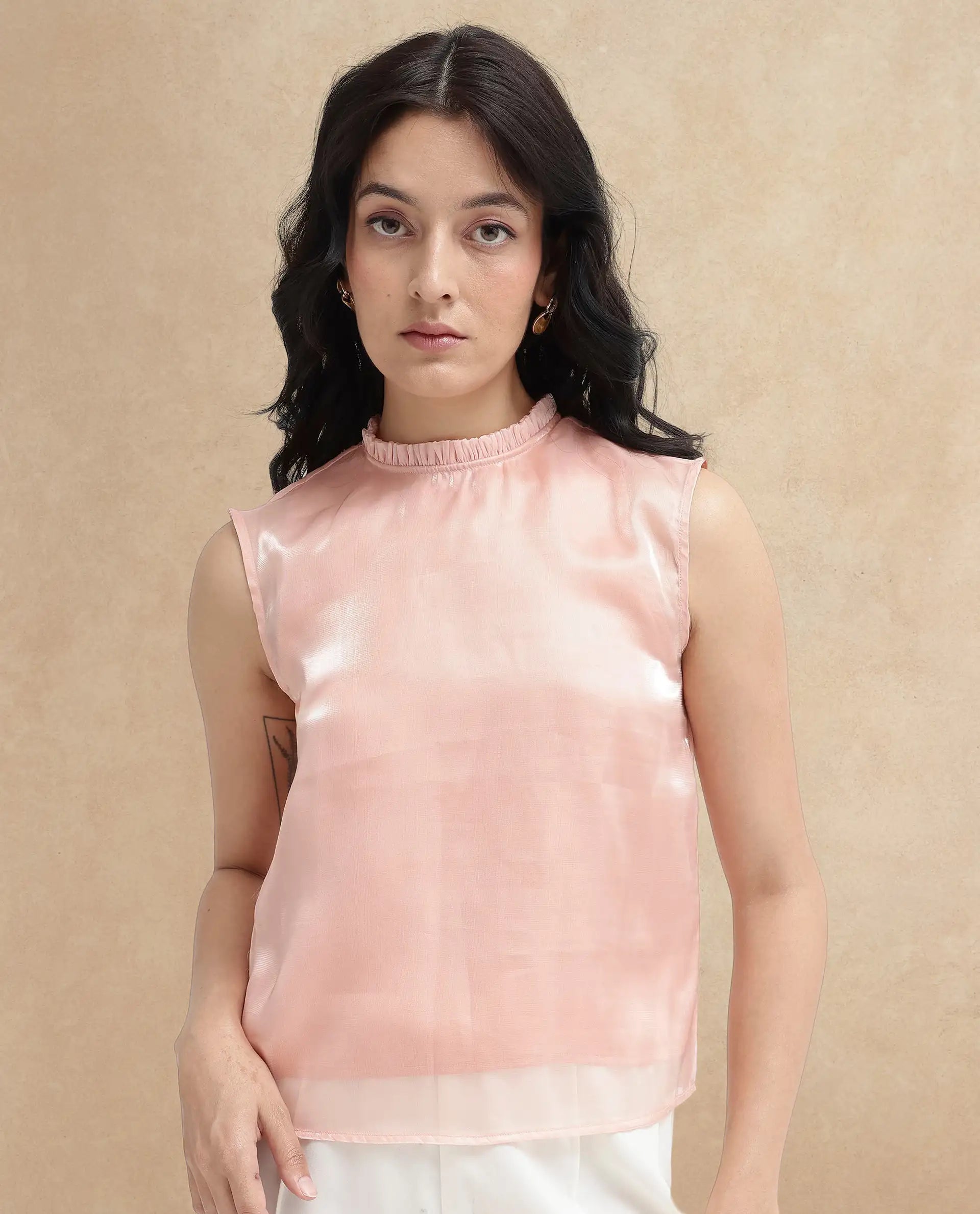 Rareism Women Cessena Beige Sleeveless Mandarin Collar Plain Top