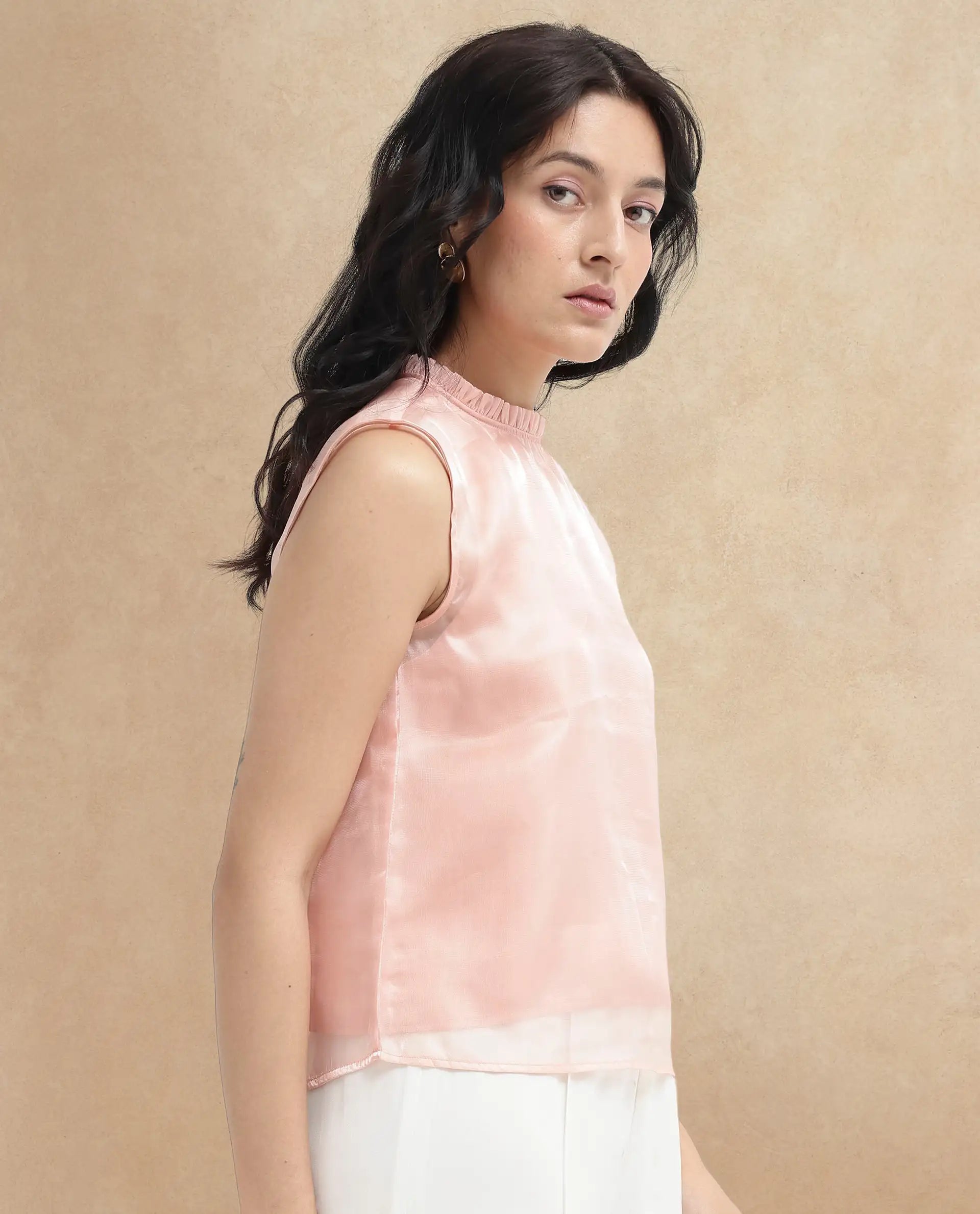 Rareism Women Cessena Beige Sleeveless Mandarin Collar Plain Top