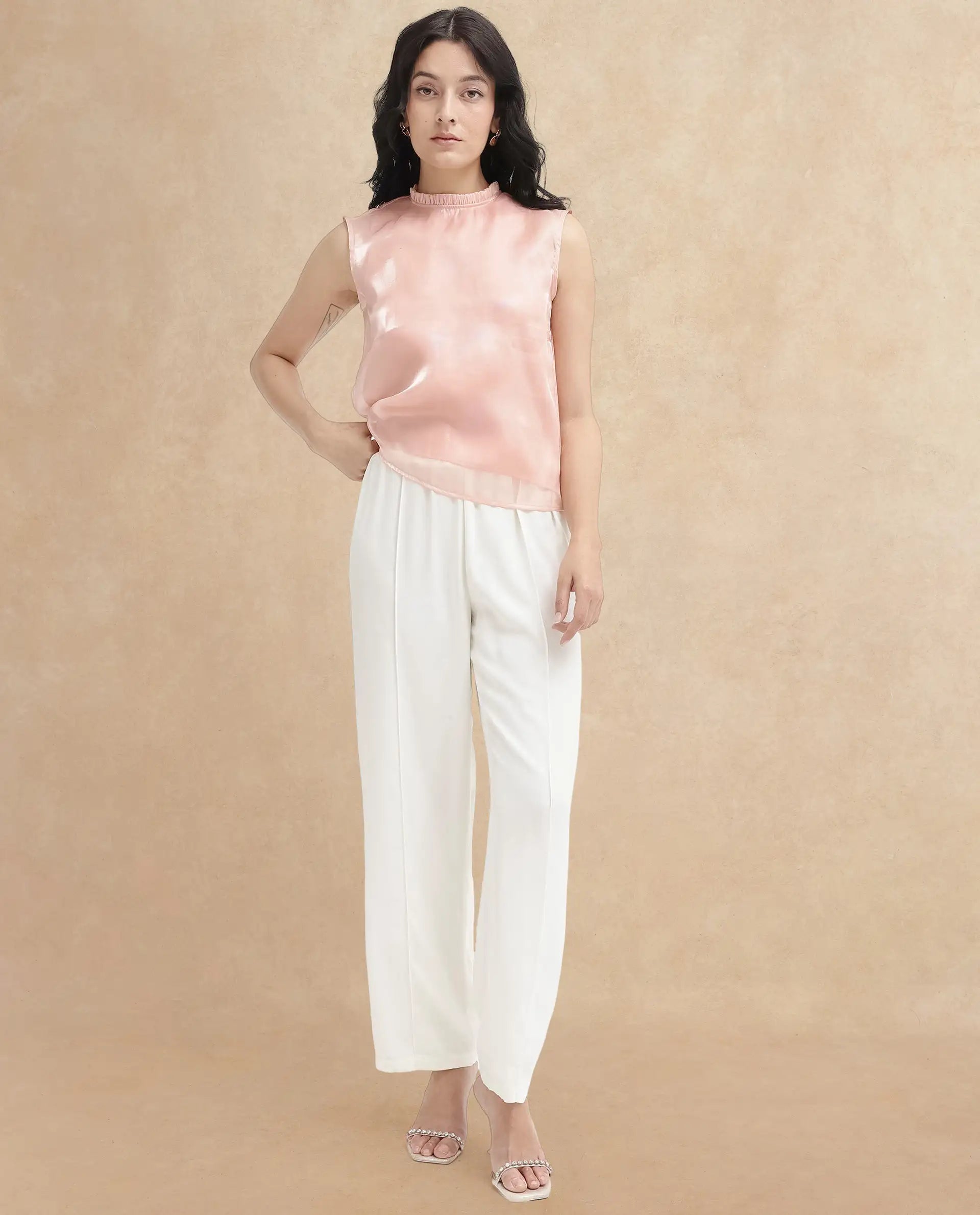 Rareism Women Cessena Beige Sleeveless Mandarin Collar Plain Top