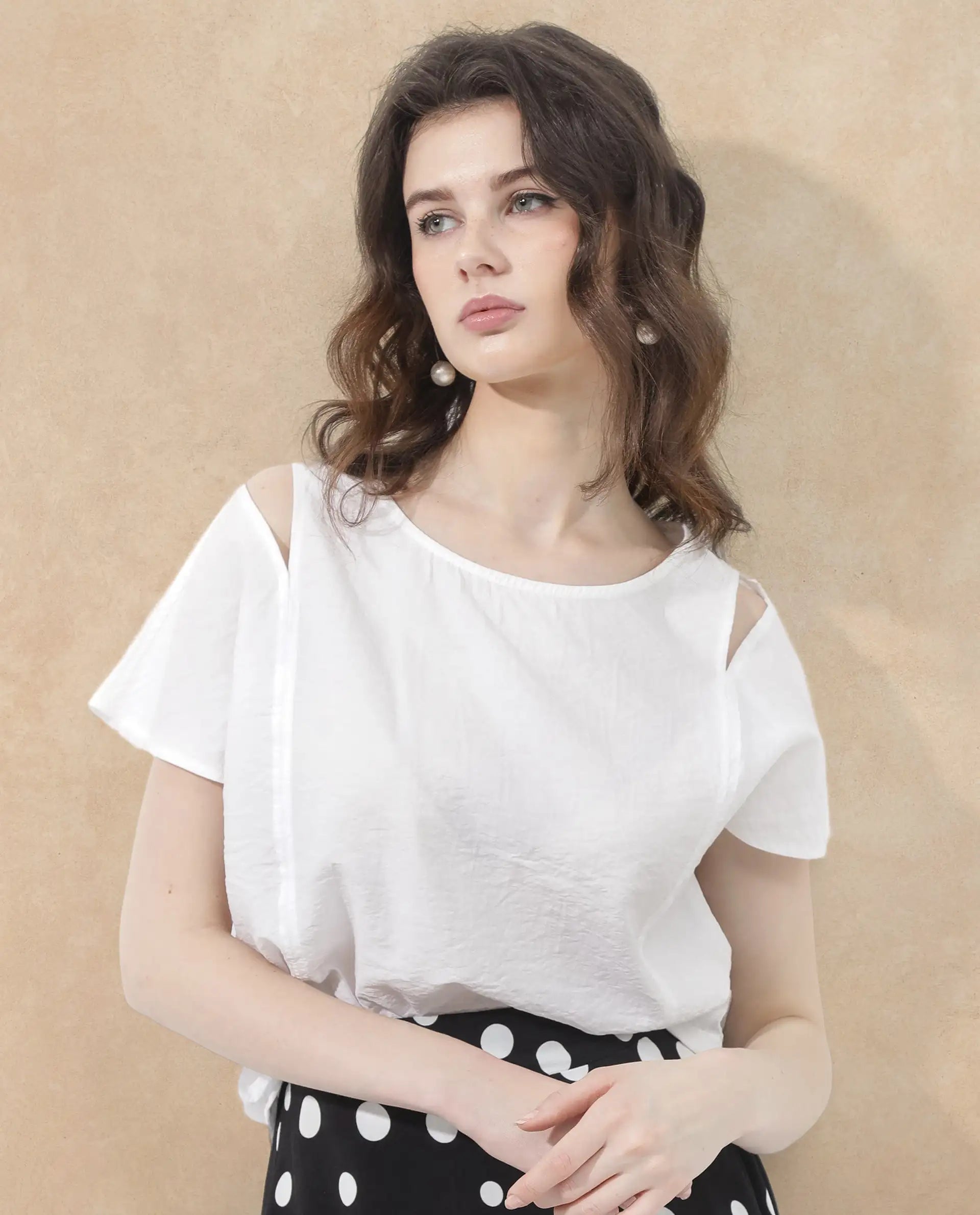 Rareism Women Chabert White Rayon Nylon Fabric Cap Sleeve Round Neck Solid Regular Length Top