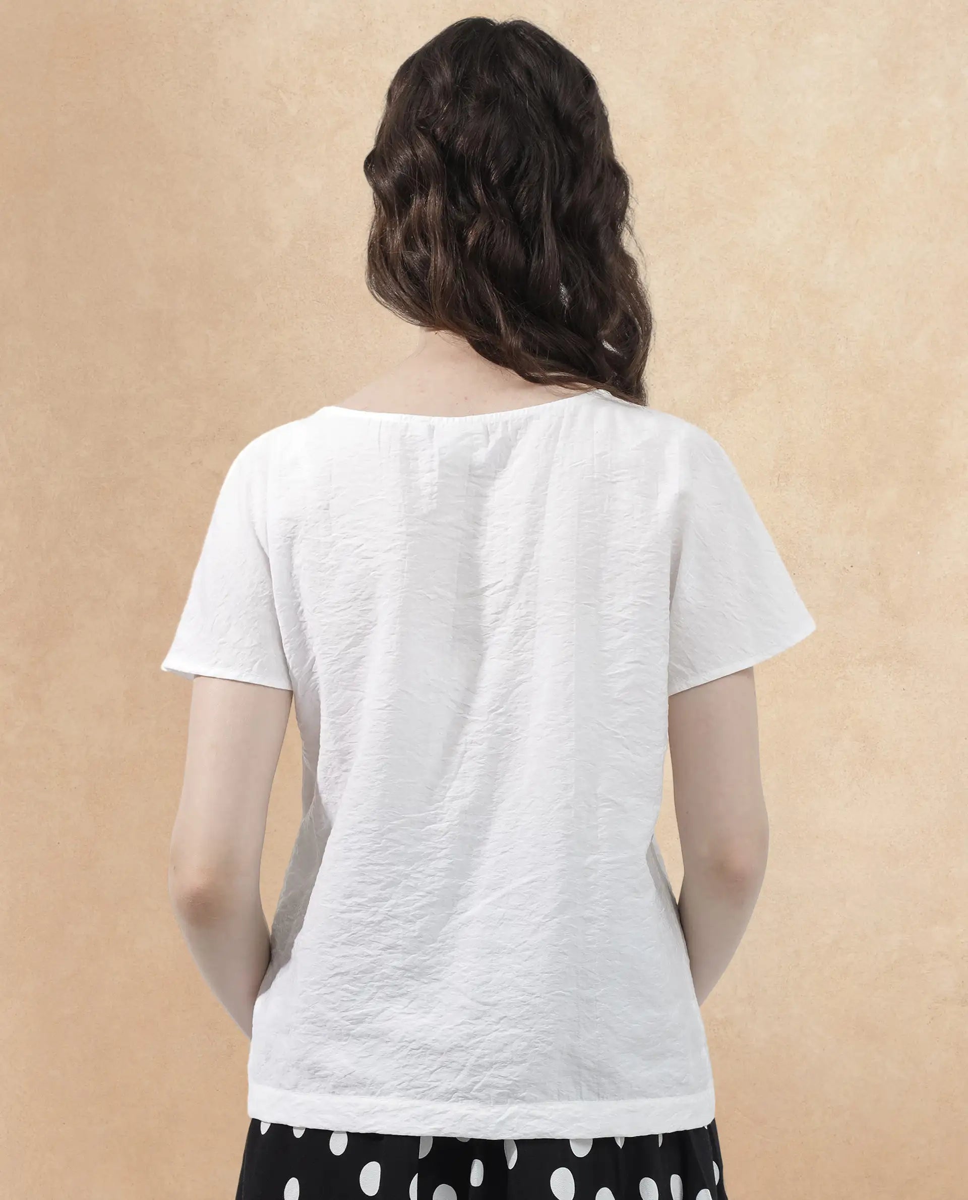 Rareism Women Chabert White Rayon Nylon Fabric Cap Sleeve Round Neck Solid Regular Length Top