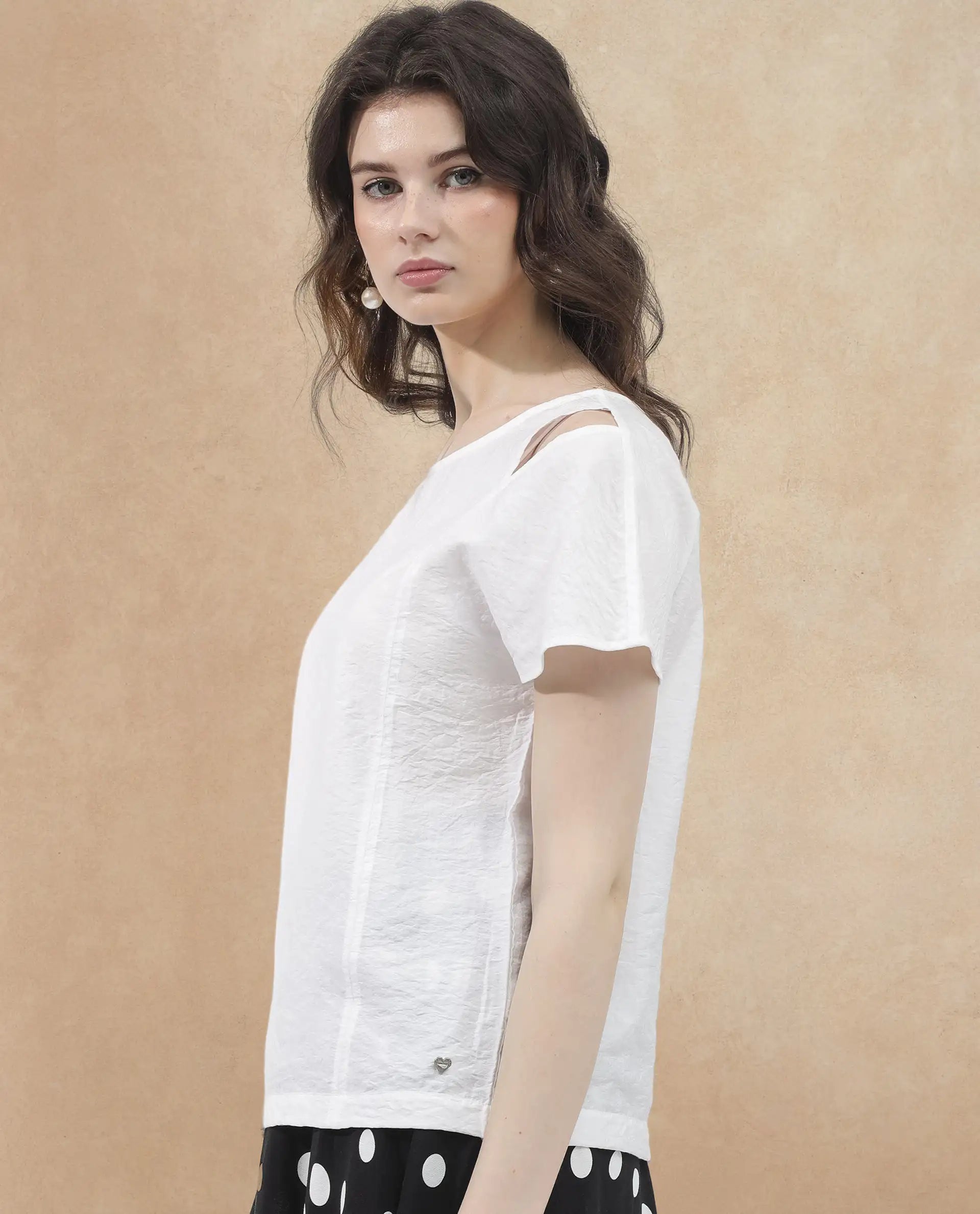 Rareism Women Chabert White Rayon Nylon Fabric Cap Sleeve Round Neck Solid Regular Length Top