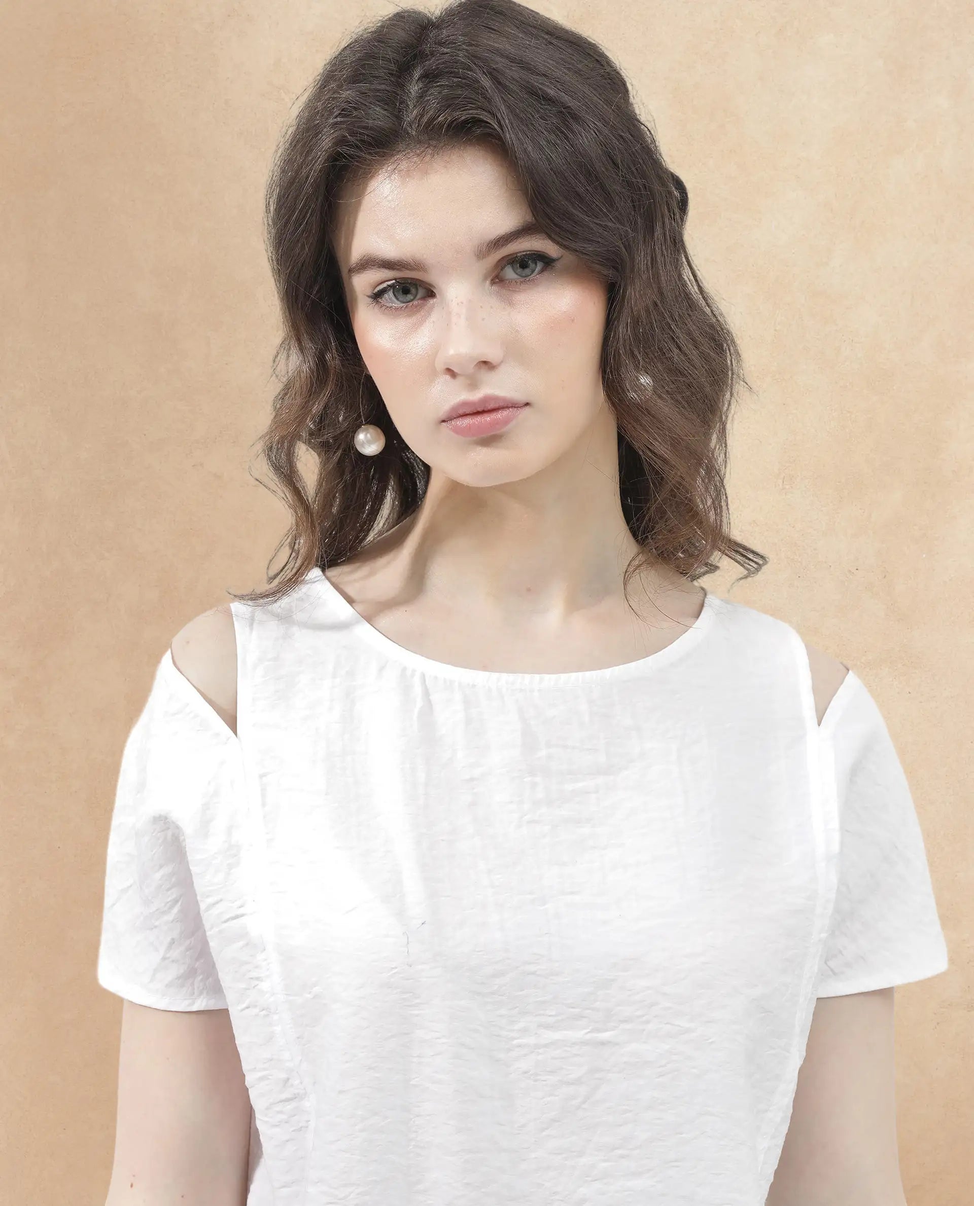 Rareism Women Chabert White Rayon Nylon Fabric Cap Sleeve Round Neck Solid Regular Length Top