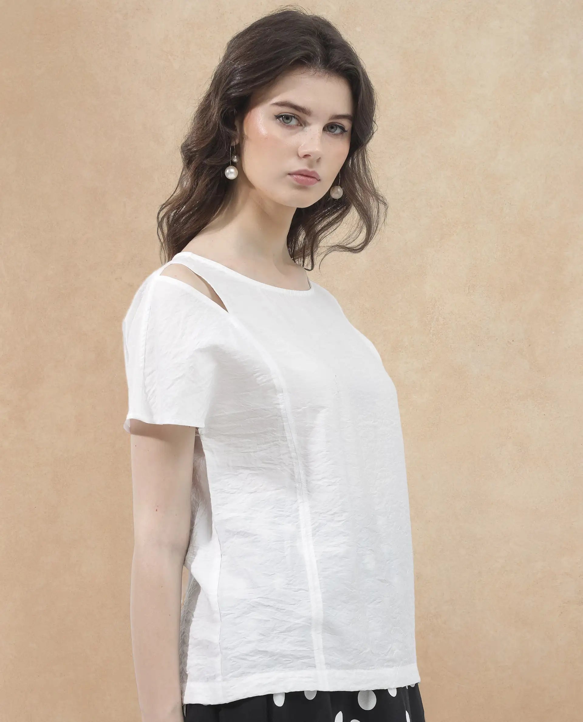 Rareism Women Chabert White Rayon Nylon Fabric Cap Sleeve Round Neck Solid Regular Length Top