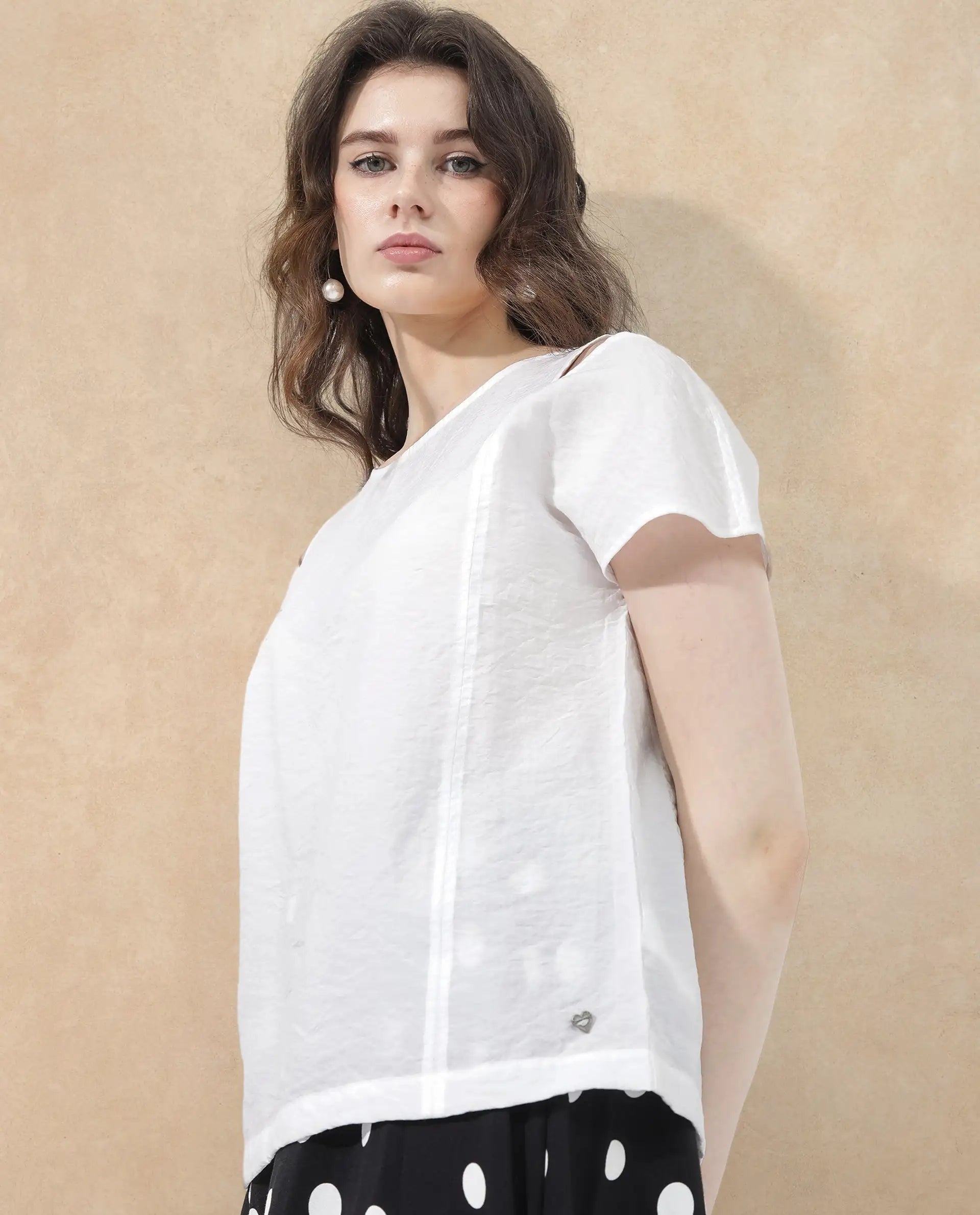 Rareism Women Chabert White Rayon Nylon Fabric Cap Sleeve Round Neck Solid Regular Length Top