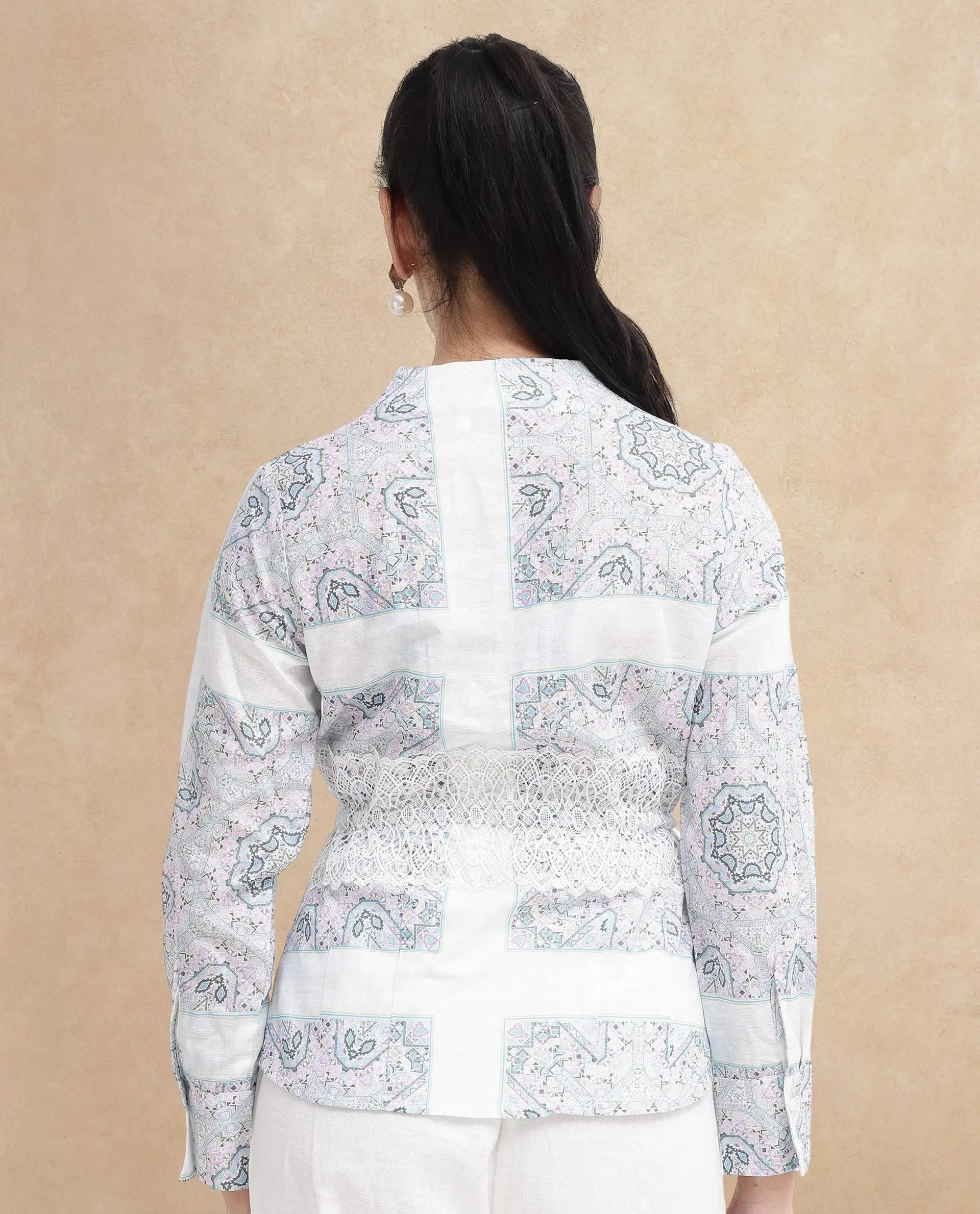 Rareism Women Chanteo Light Multi Cuffed Sleeve V-Neck Button Abstract Print Top