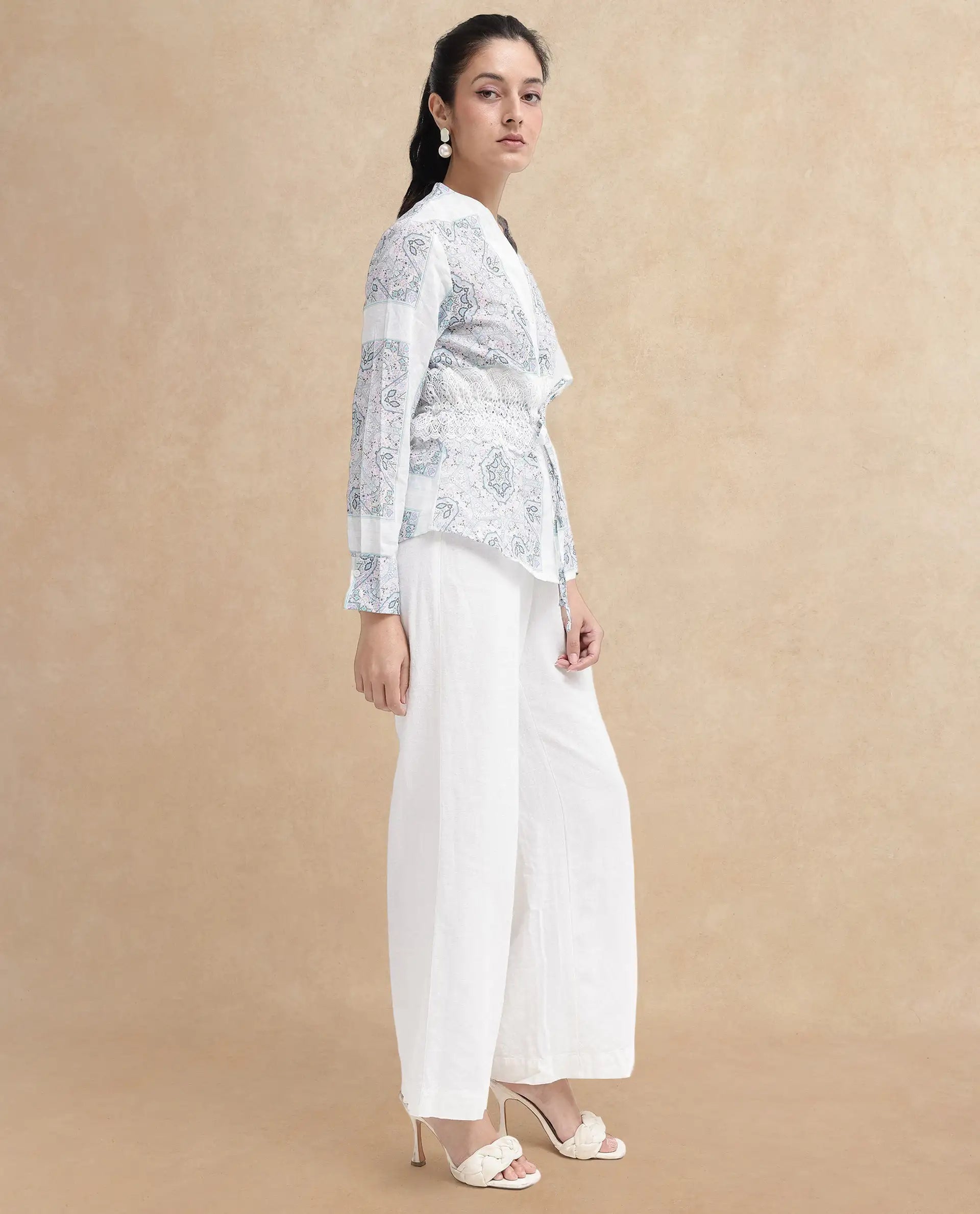 Rareism Women Chanteo Light Multi Cuffed Sleeve V-Neck Button Abstract Print Top