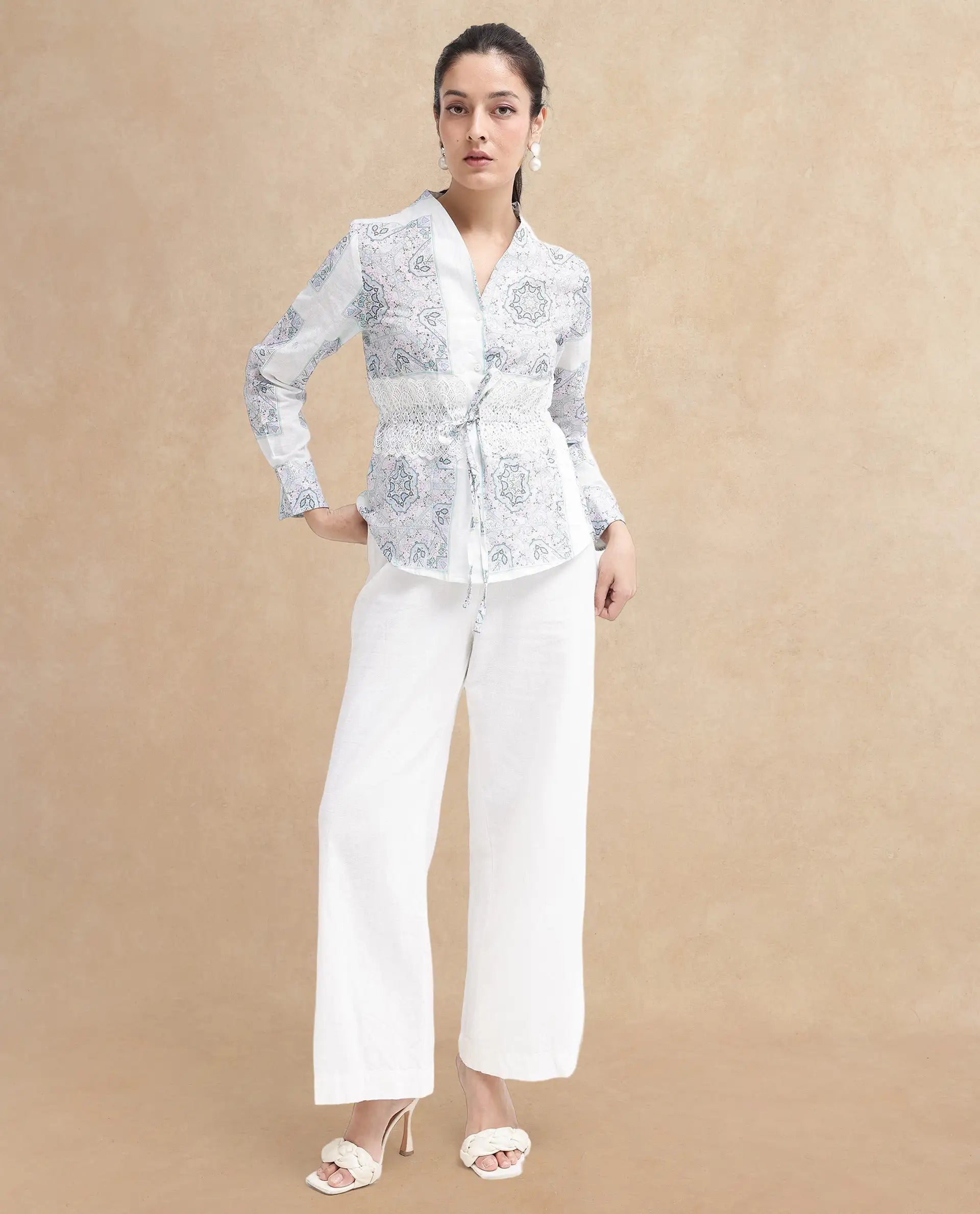 Rareism Women Chanteo Light Multi Cuffed Sleeve V-Neck Button Abstract Print Top