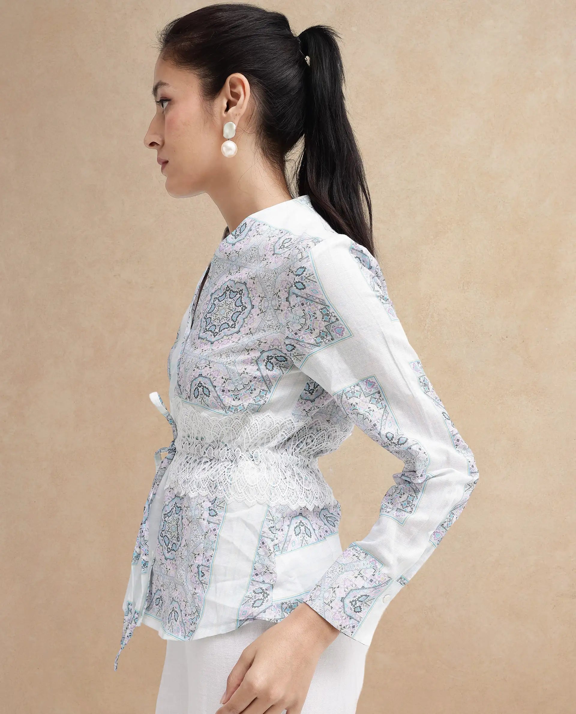 Rareism Women Chanteo Light Multi Cuffed Sleeve V-Neck Button Abstract Print Top