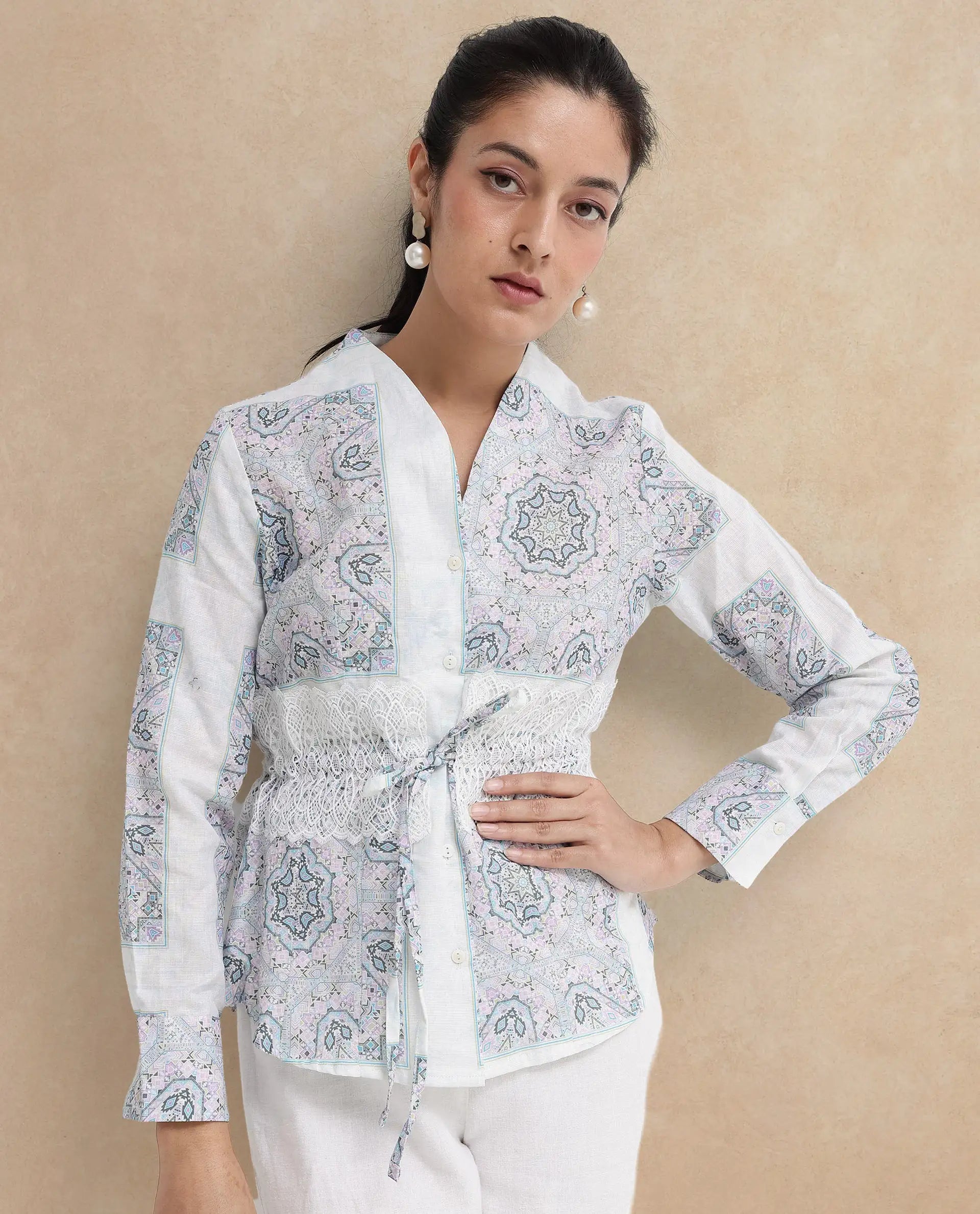 Rareism Women Chanteo Light Multi Cuffed Sleeve V-Neck Button Abstract Print Top