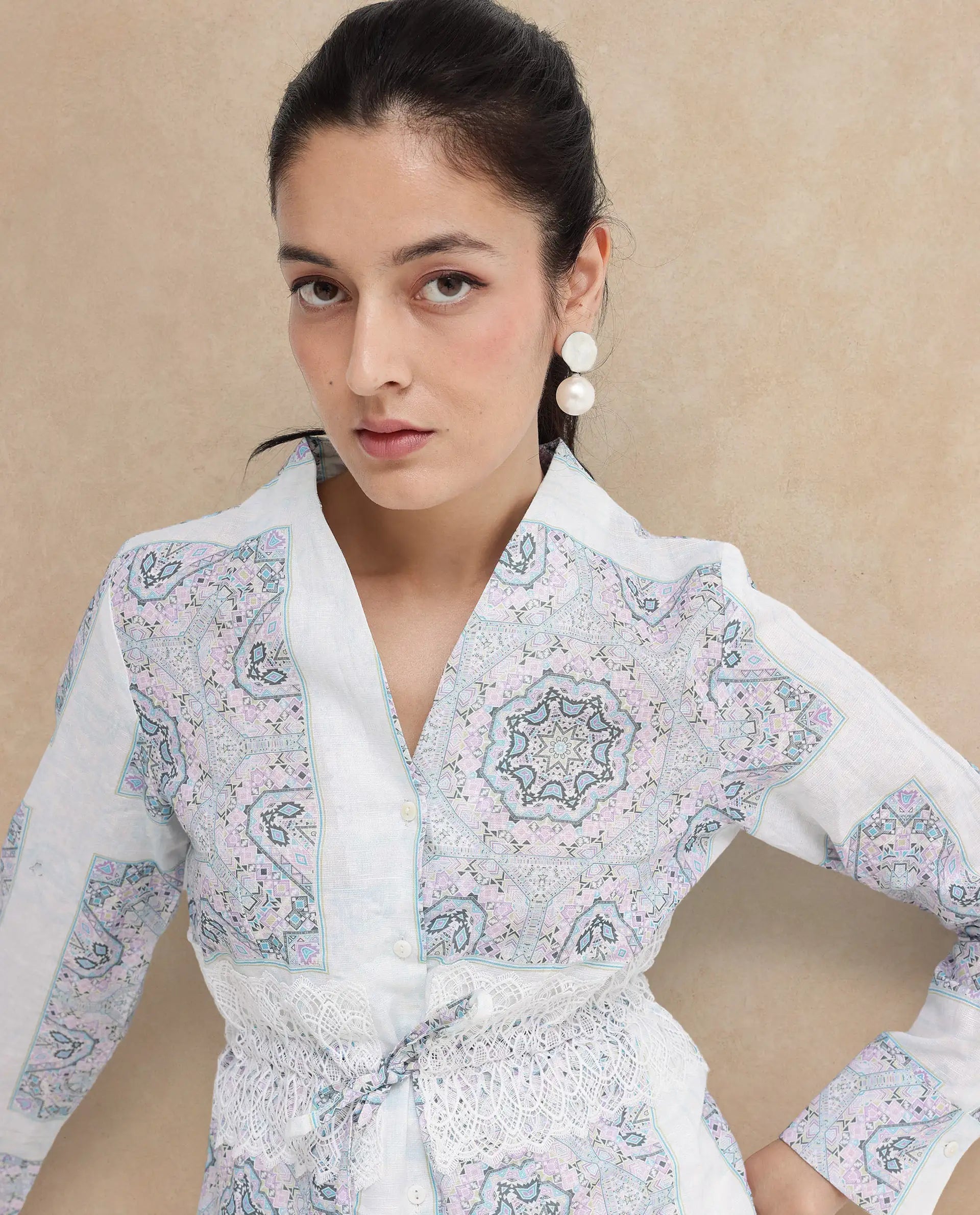 Rareism Women Chanteo Light Multi Cuffed Sleeve V-Neck Button Abstract Print Top