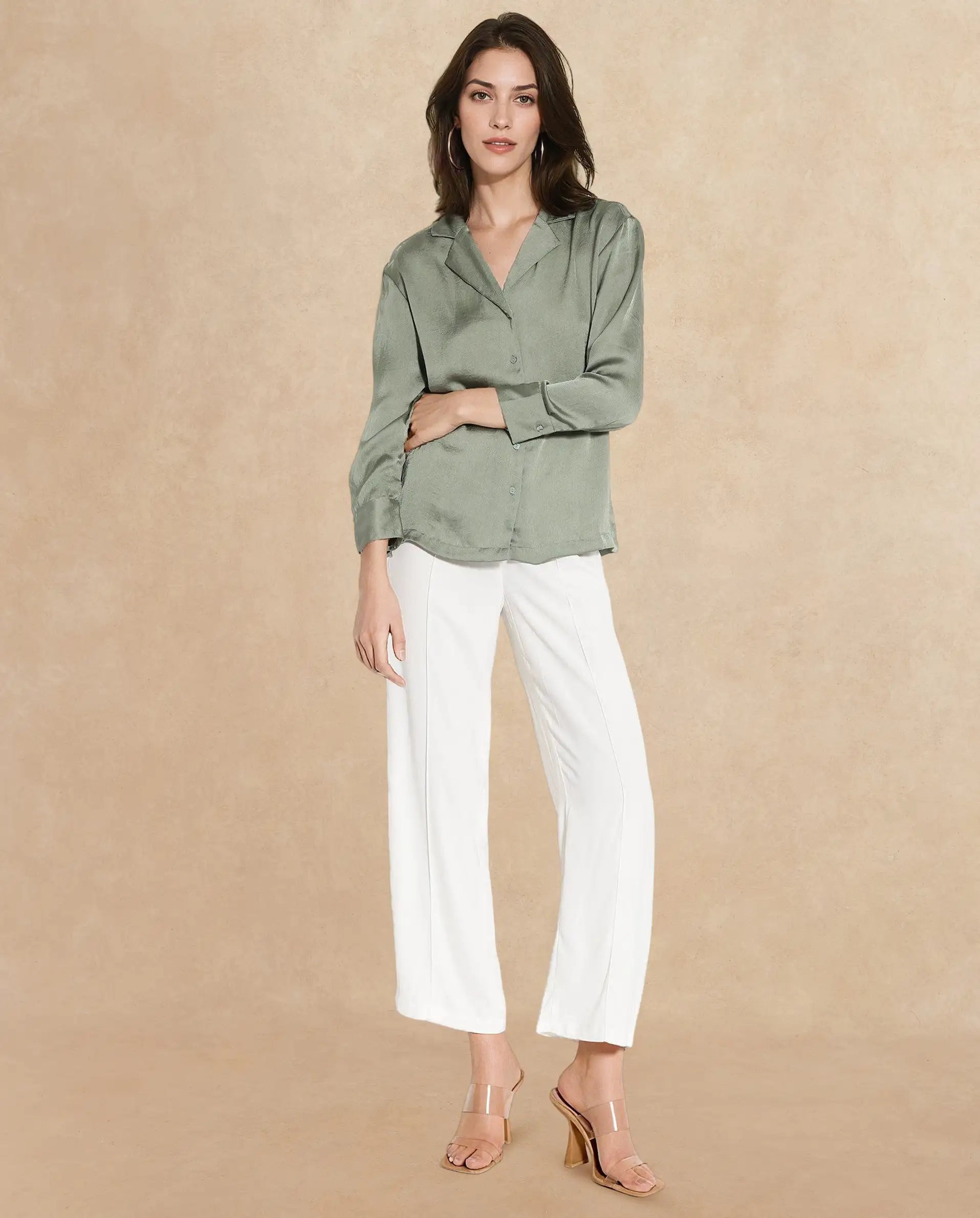 Rareism Women Chant Light Green Polyester Fabric Cuffed Sleeves Lapel Neck Plain Shirt