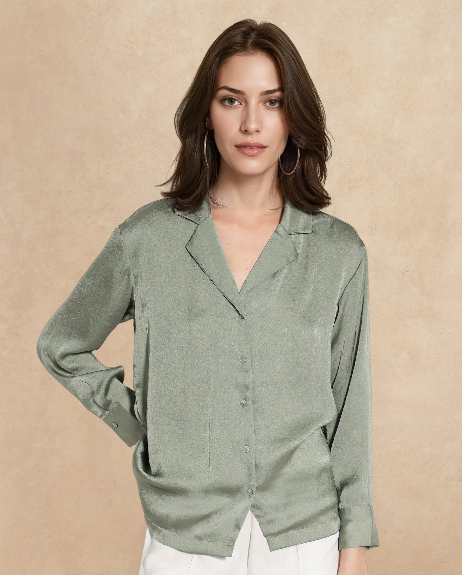 Rareism Women Chant Light Green Polyester Fabric Cuffed Sleeves Lapel Neck Plain Shirt