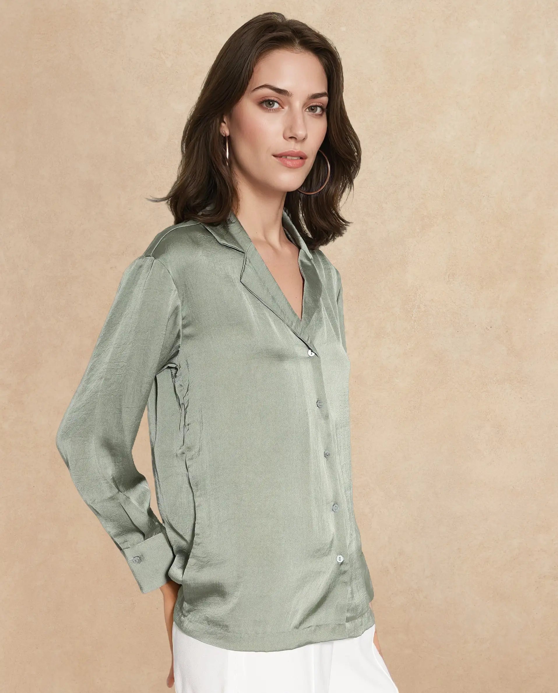 Rareism Women Chant Light Green Polyester Fabric Cuffed Sleeves Lapel Neck Plain Shirt