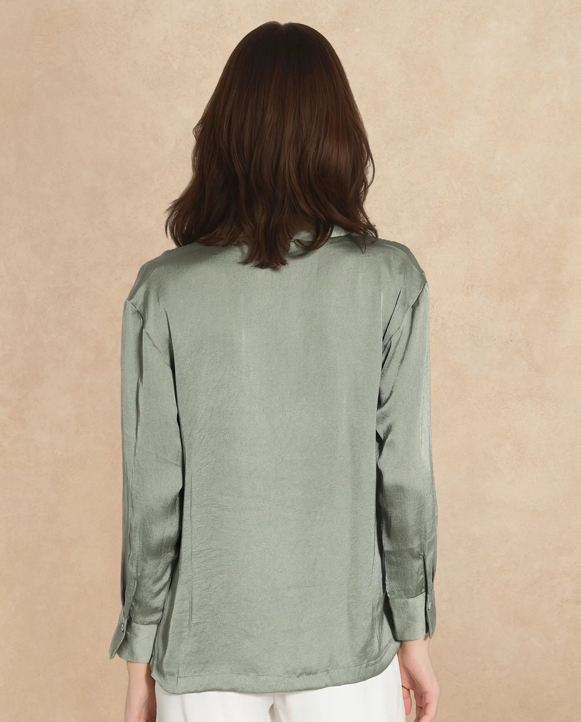 Rareism Women Chant Light Green Polyester Fabric Cuffed Sleeves Lapel Neck Plain Shirt