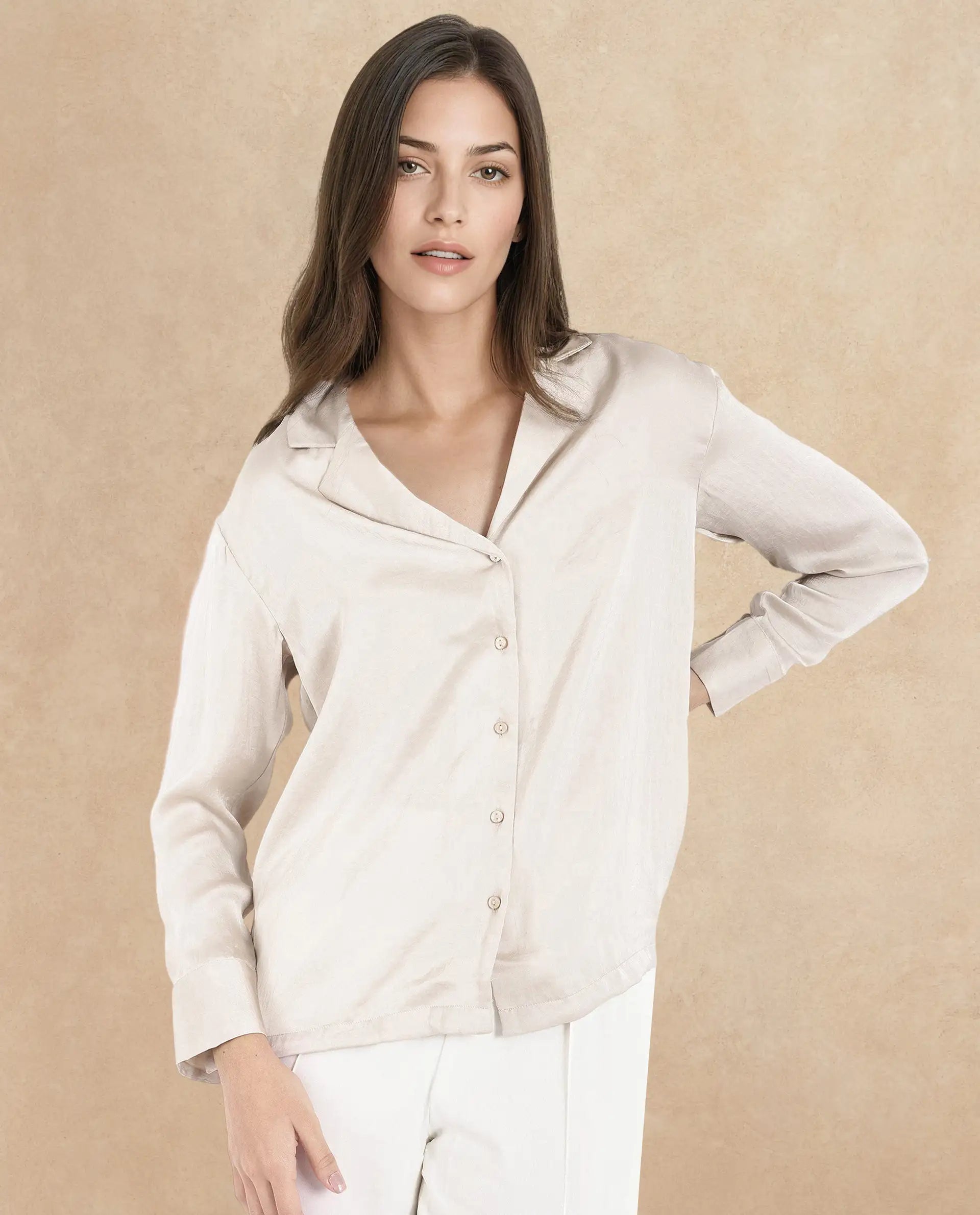 Rareism Women Chant Beige Polyester Fabric Cuffed Sleeves Lapel Neck Plain Top