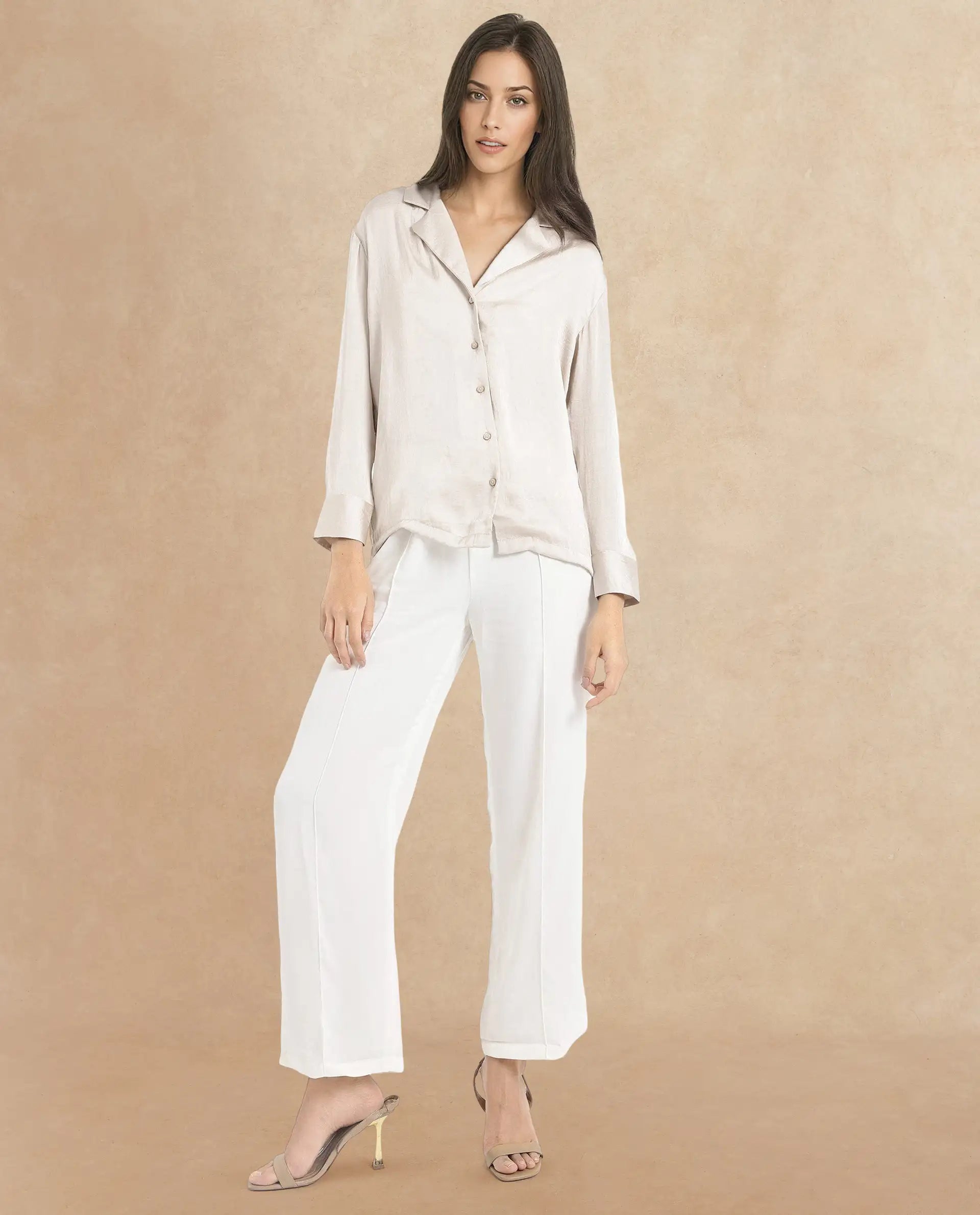 Rareism Women Chant Beige Polyester Fabric Cuffed Sleeves Lapel Neck Plain Top