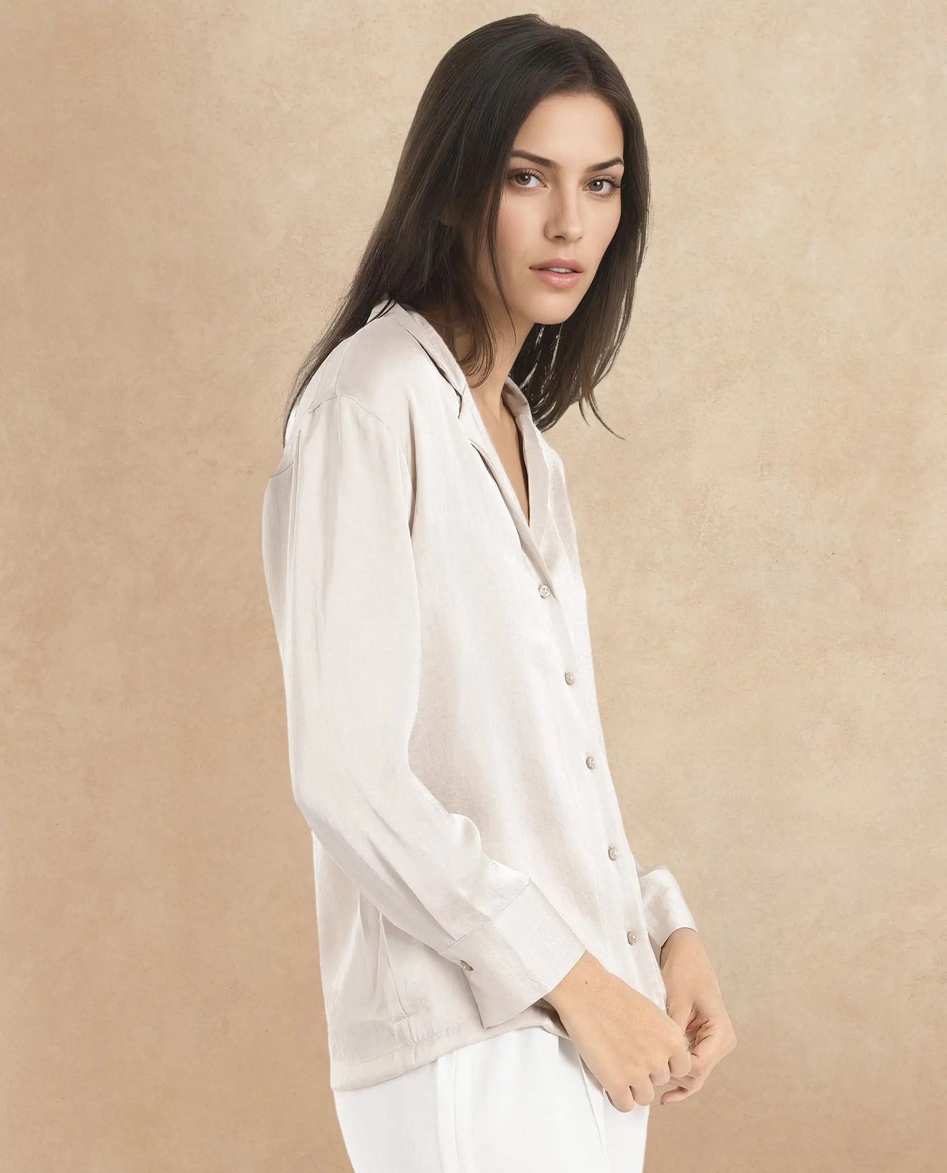 Rareism Women Chant Beige Polyester Fabric Cuffed Sleeves Lapel Neck Plain Top