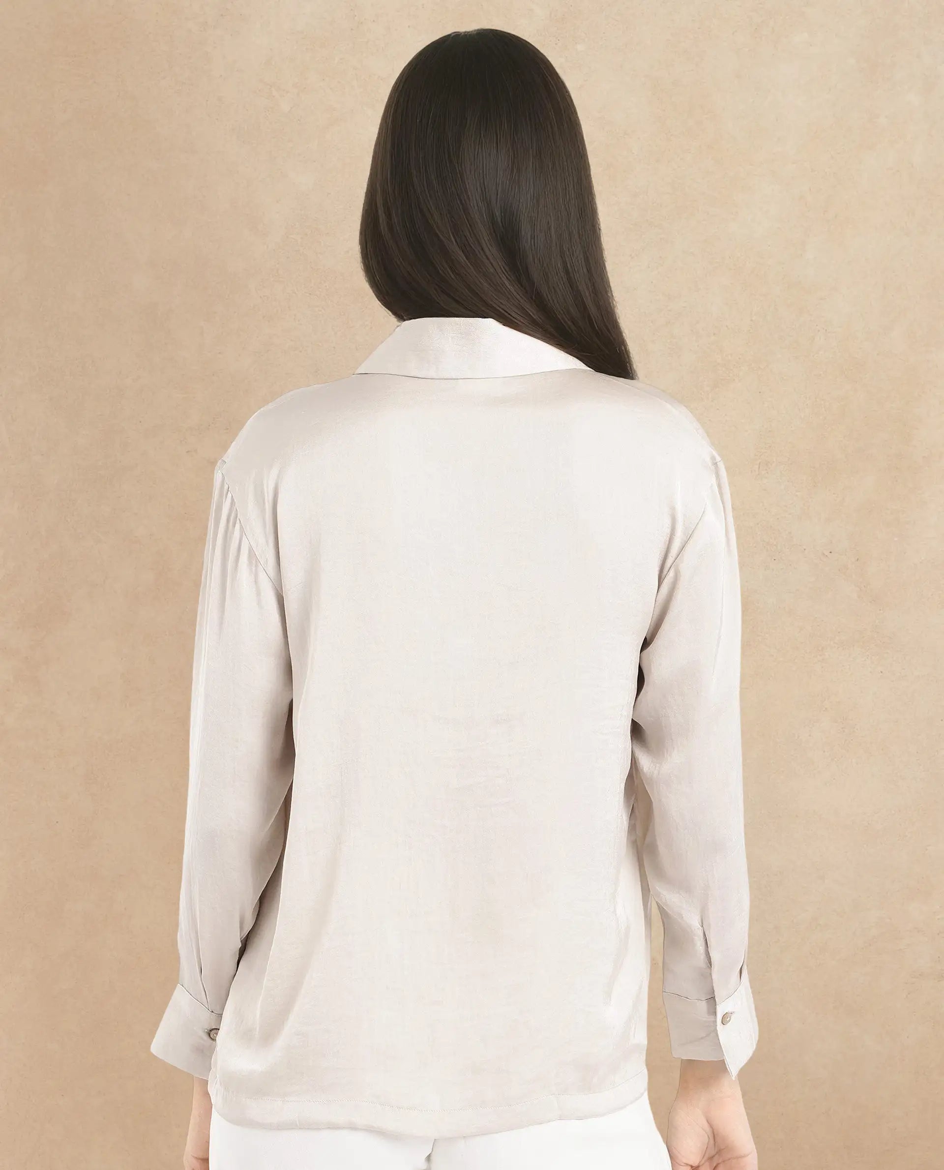 Rareism Women Chant Beige Polyester Fabric Cuffed Sleeves Lapel Neck Plain Top