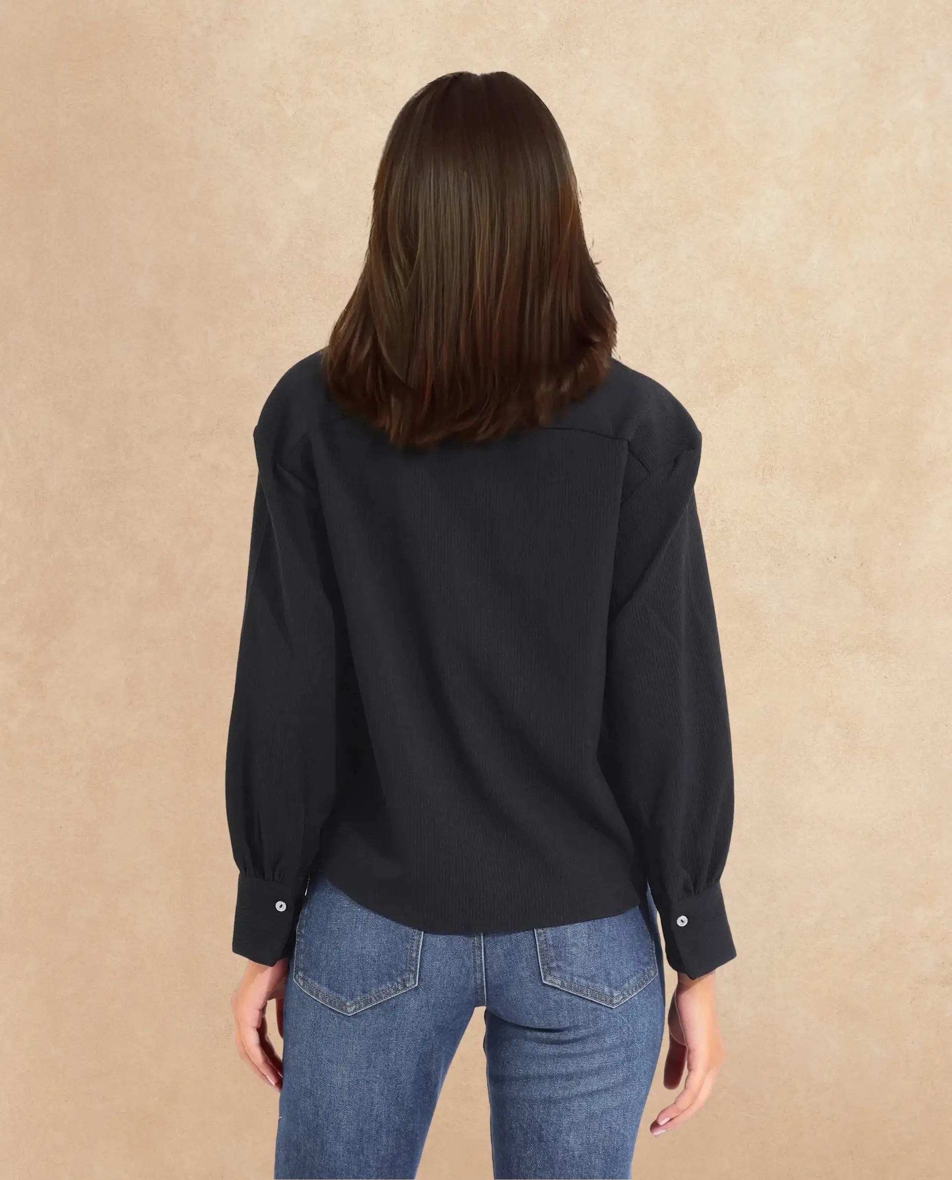 Rareism Women Chantrey Black Cotton Fabric Full Sleeve Round Neck Solid Regular Length Top