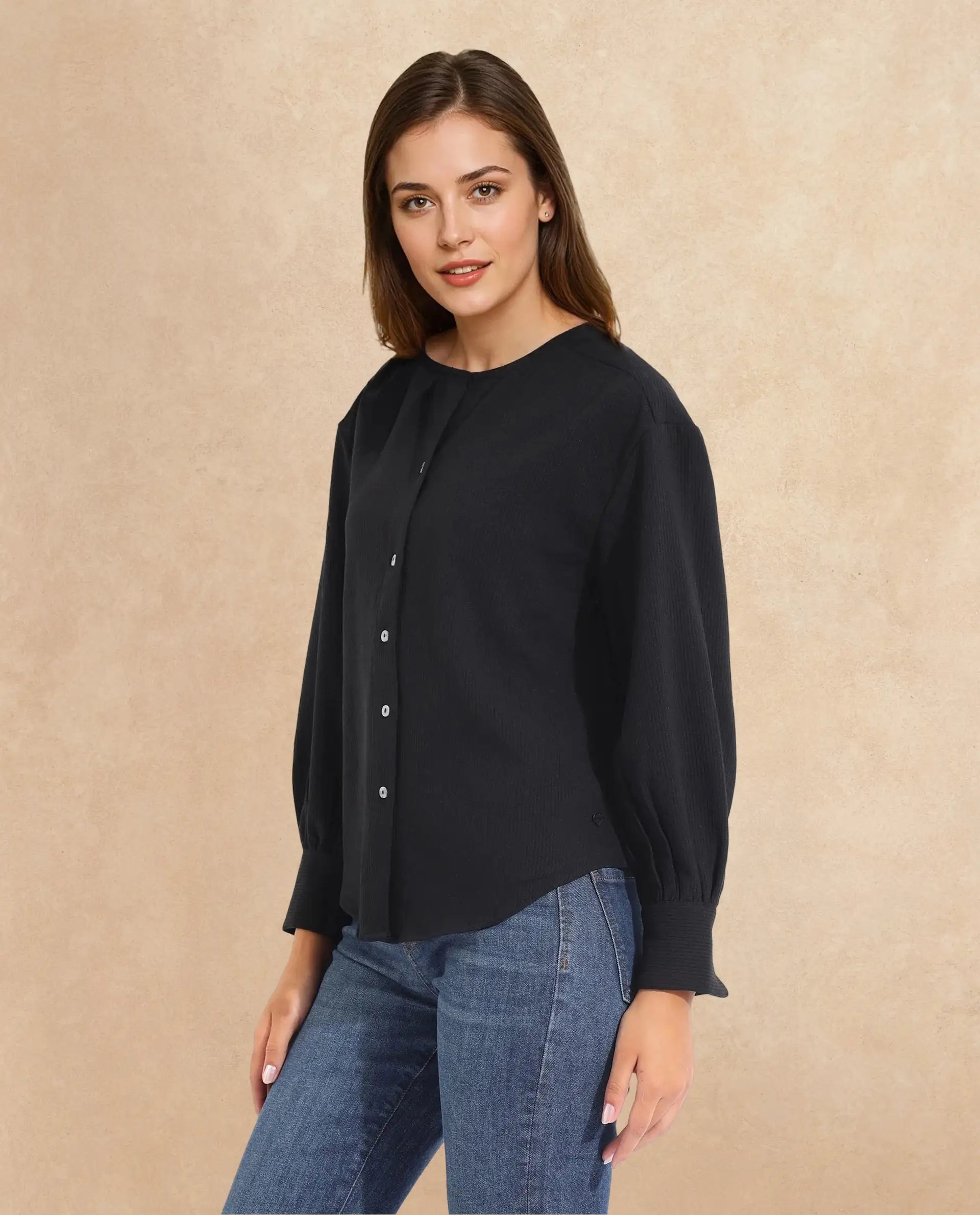 Rareism Women Chantrey Black Cotton Fabric Full Sleeve Round Neck Solid Regular Length Top