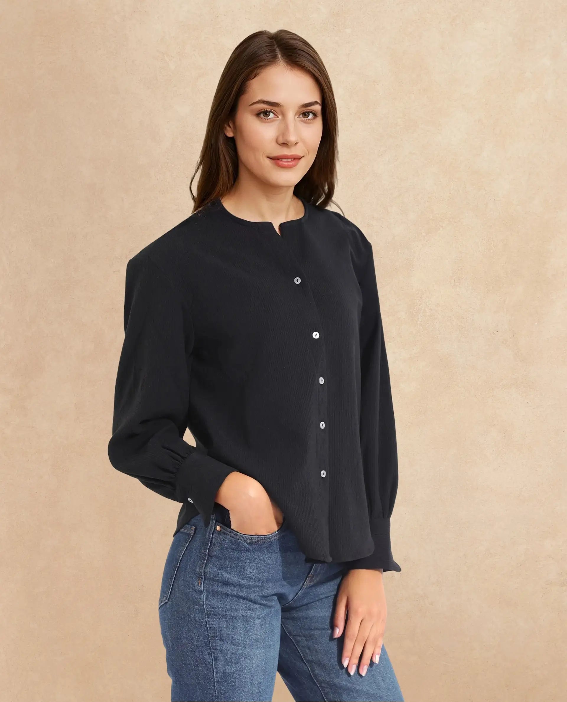 Rareism Women Chantrey Black Cotton Fabric Full Sleeve Round Neck Solid Regular Length Top