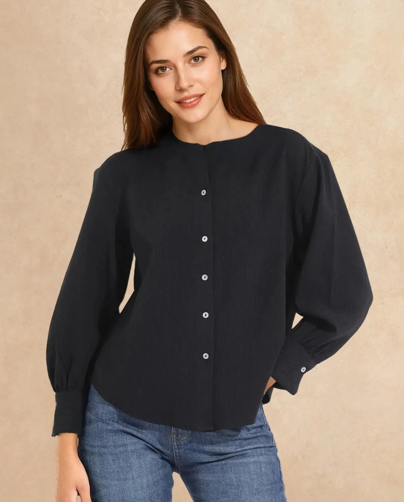 Rareism Women Chantrey Black Cotton Fabric Full Sleeve Round Neck Solid Regular Length Top