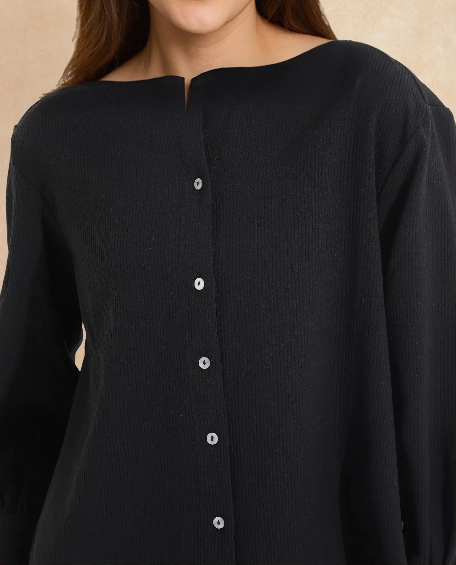 Rareism Women Chantrey Black Cotton Fabric Full Sleeve Round Neck Solid Regular Length Top