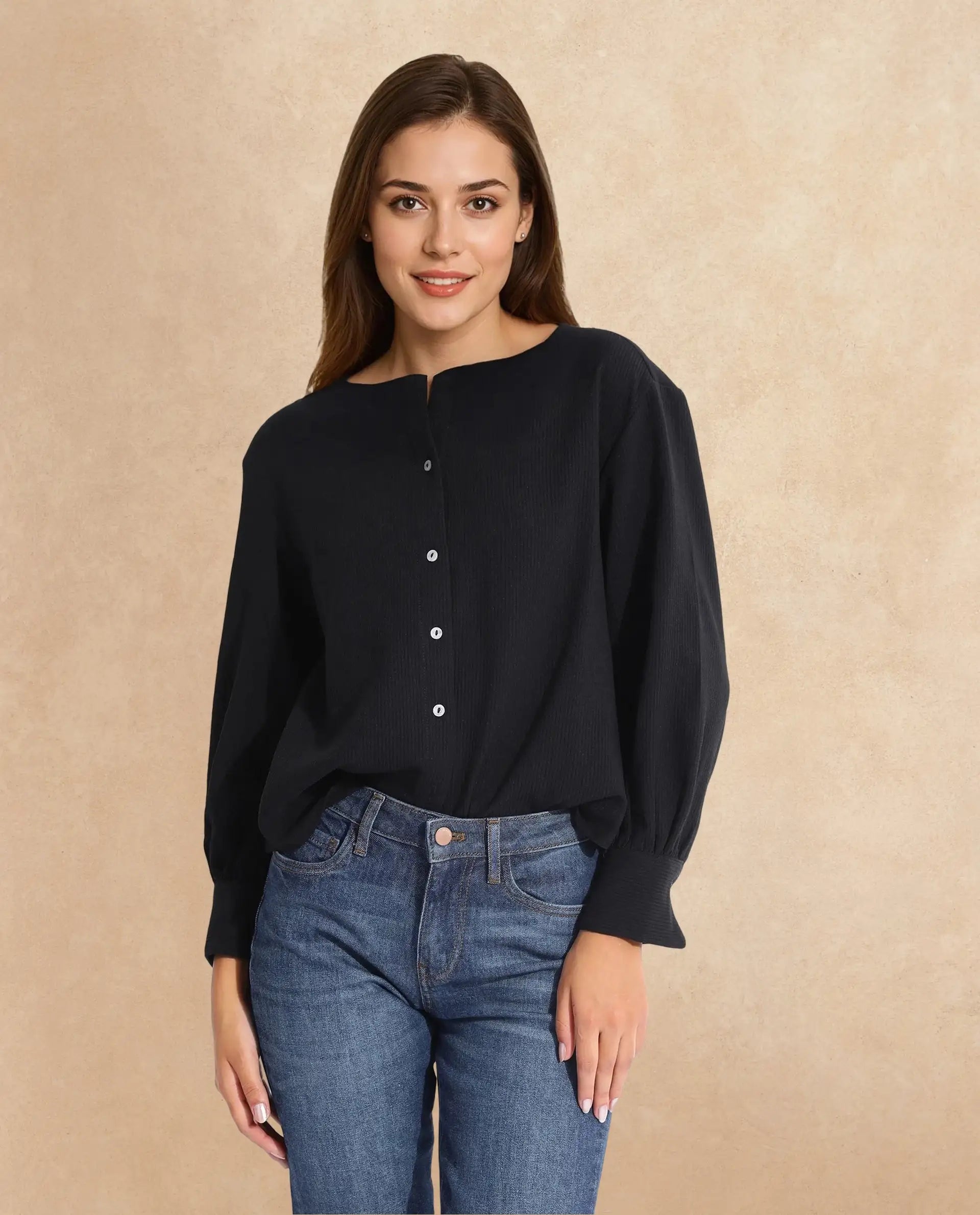 Rareism Women Chantrey Black Cotton Fabric Full Sleeve Round Neck Solid Regular Length Top