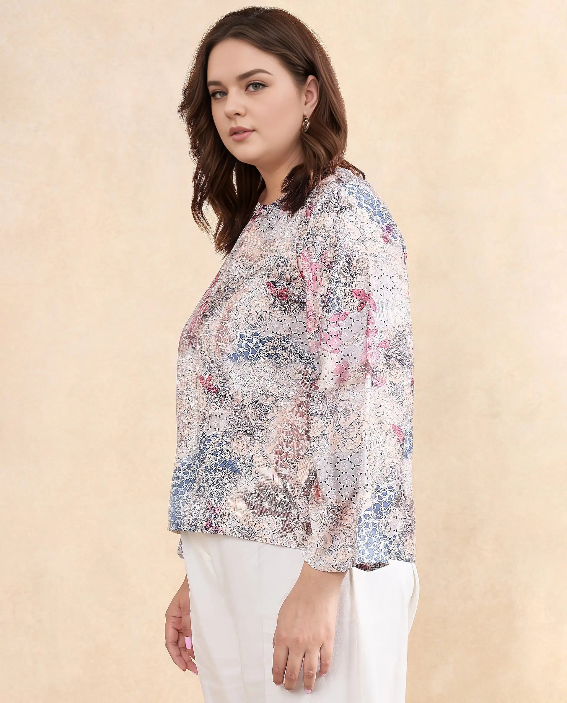 Rareism Women Ciko Light Multi Satin Volume Sleeve Round Neck Zipper Closure Abstract Print Top