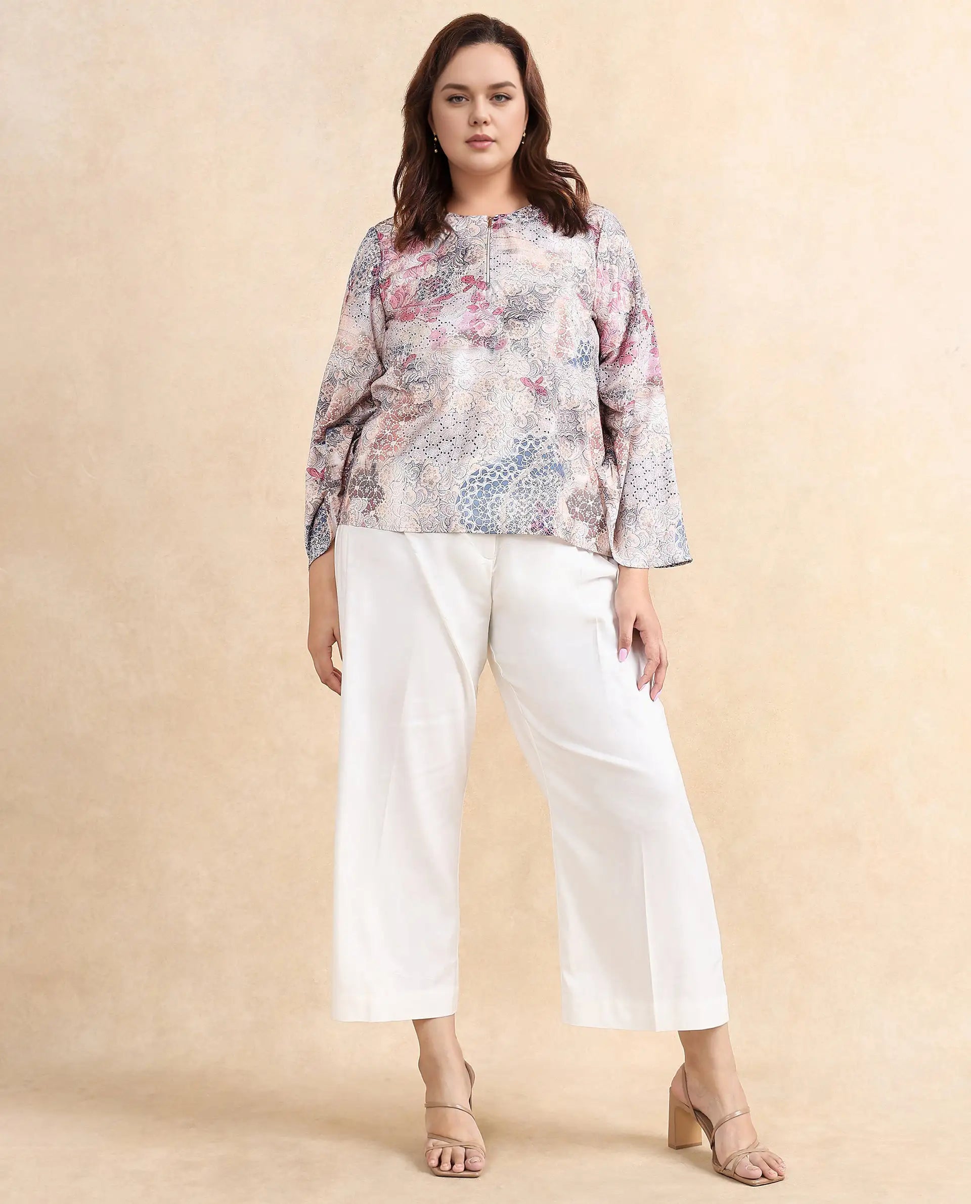 Rareism Women Ciko Light Multi Satin Volume Sleeve Round Neck Zipper Closure Abstract Print Top