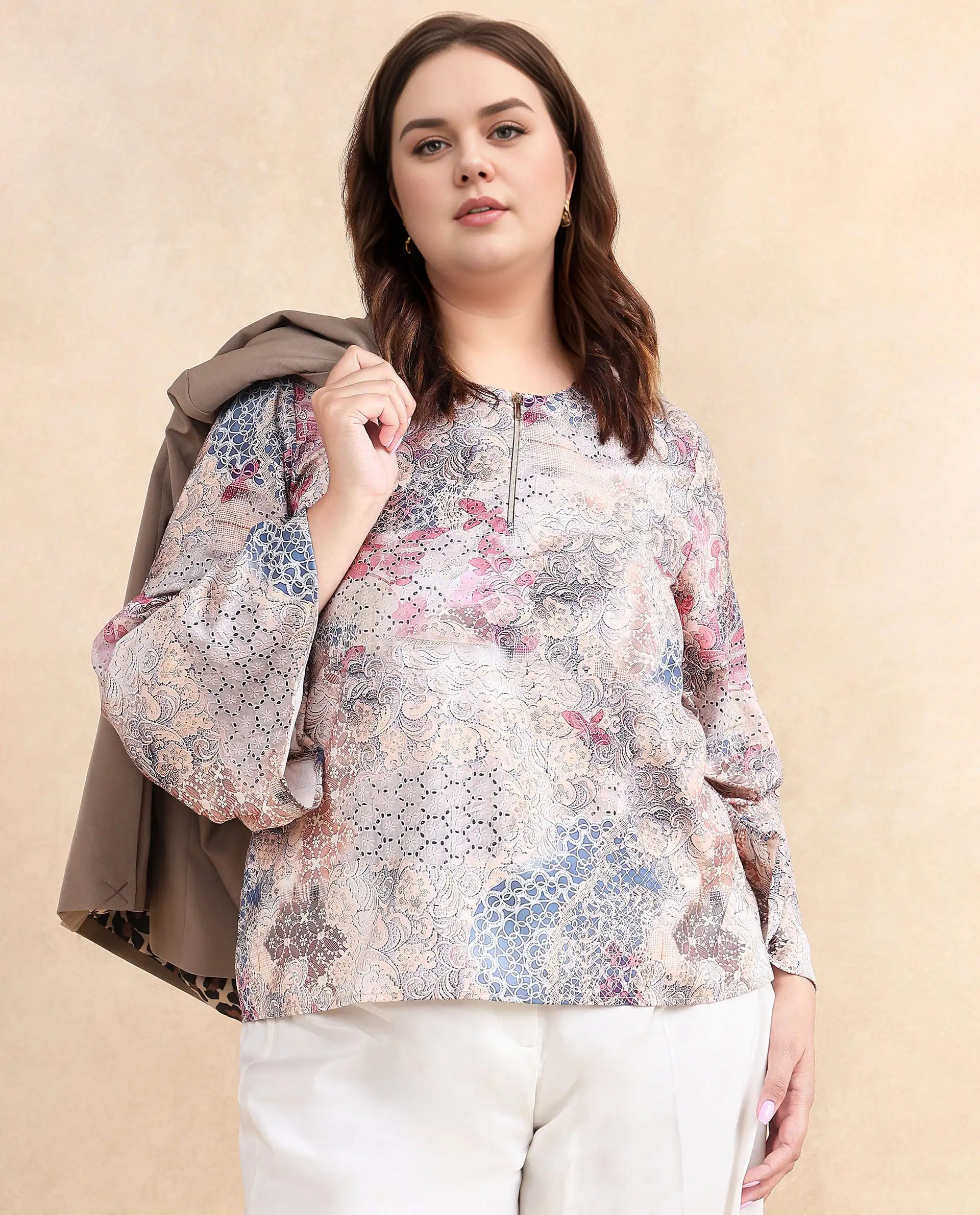 Rareism Women Ciko Light Multi Satin Volume Sleeve Round Neck Zipper Closure Abstract Print Top