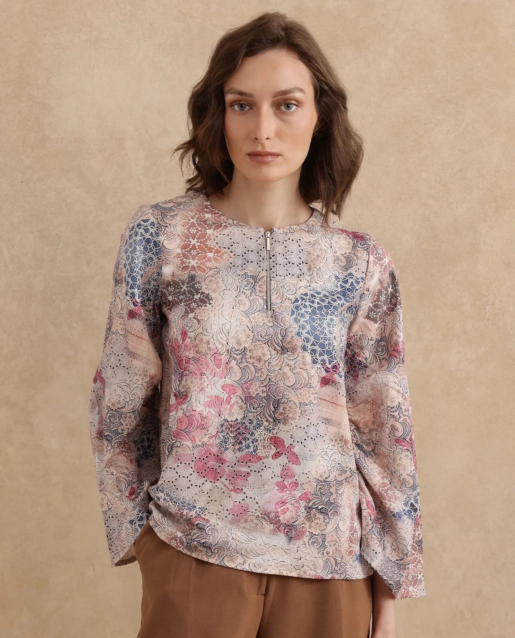 Rareism Women Ciko Light Multi Satin Volume Sleeve Round Neck Zipper Closure Abstract Print Top