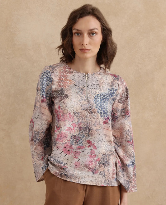 Rareism Women Ciko Light Multi Satin Volume Sleeve Round Neck Zipper Closure Abstract Print Top