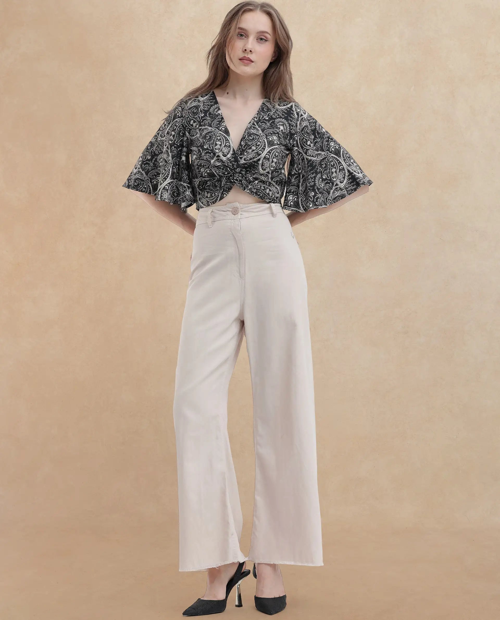 Rareism Women Clarence Black Cotton Modal Fabric Short Sleeves V-Neck Flared Sleeve Regular Fit Paisley Print Cropped Top