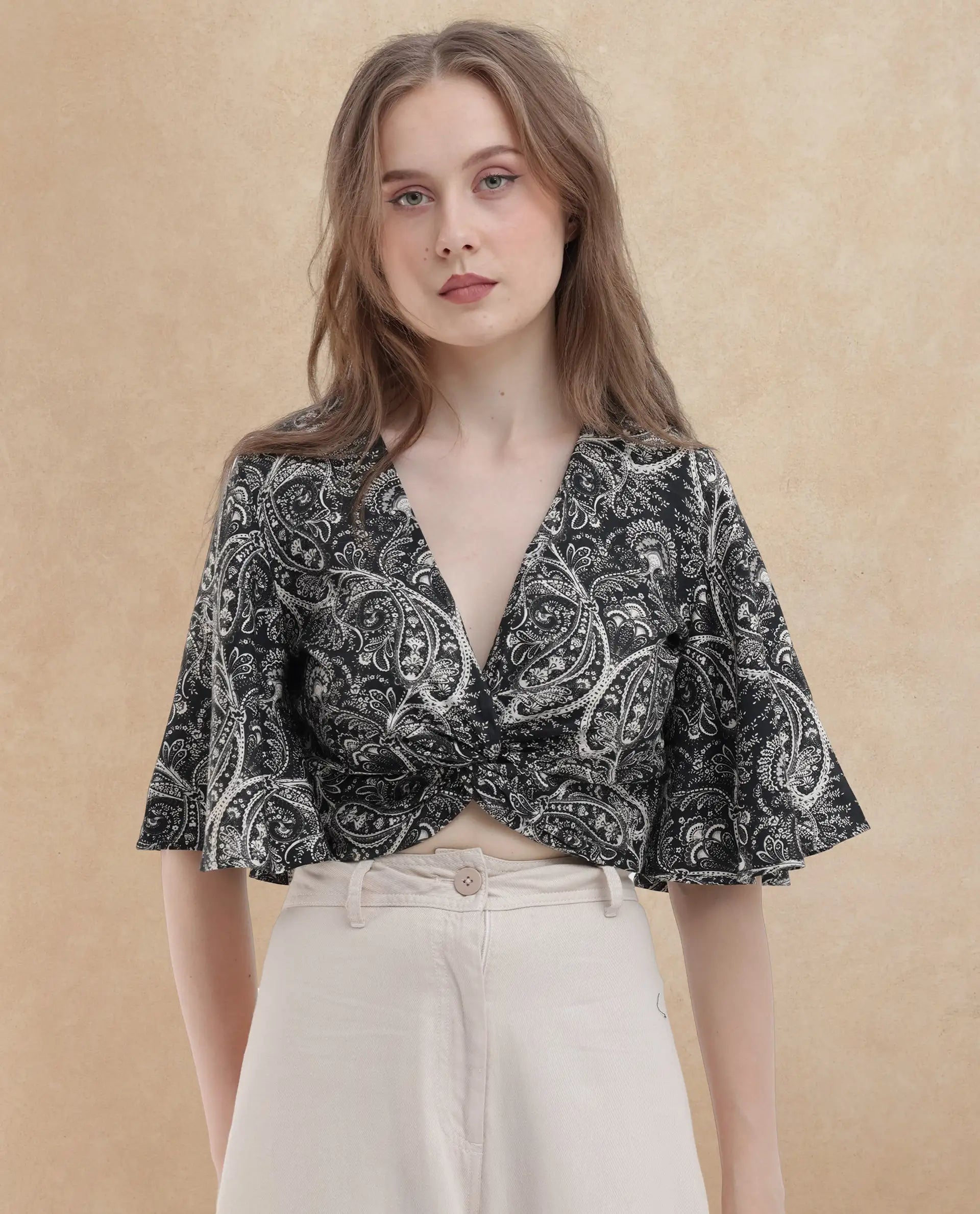 Rareism Women Clarence Black Cotton Modal Fabric Short Sleeves V-Neck Flared Sleeve Regular Fit Paisley Print Cropped Top