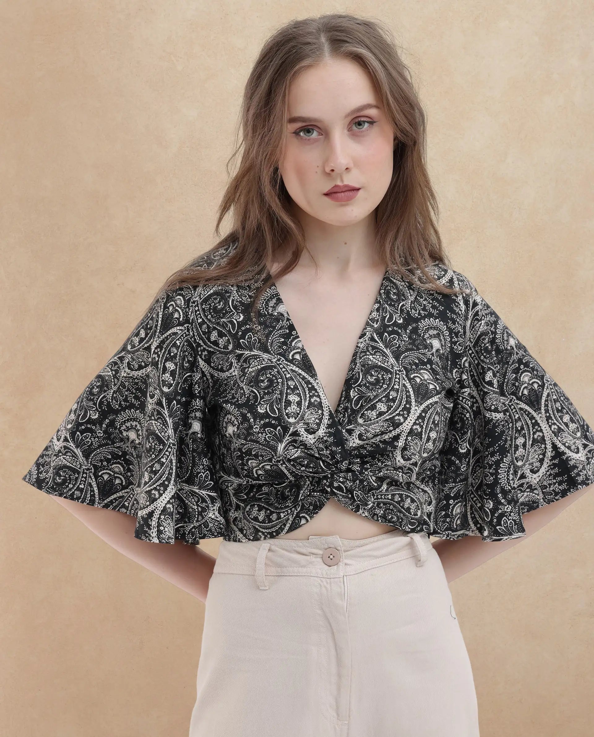 Rareism Women Clarence Black Cotton Modal Fabric Short Sleeves V-Neck Flared Sleeve Regular Fit Paisley Print Cropped Top