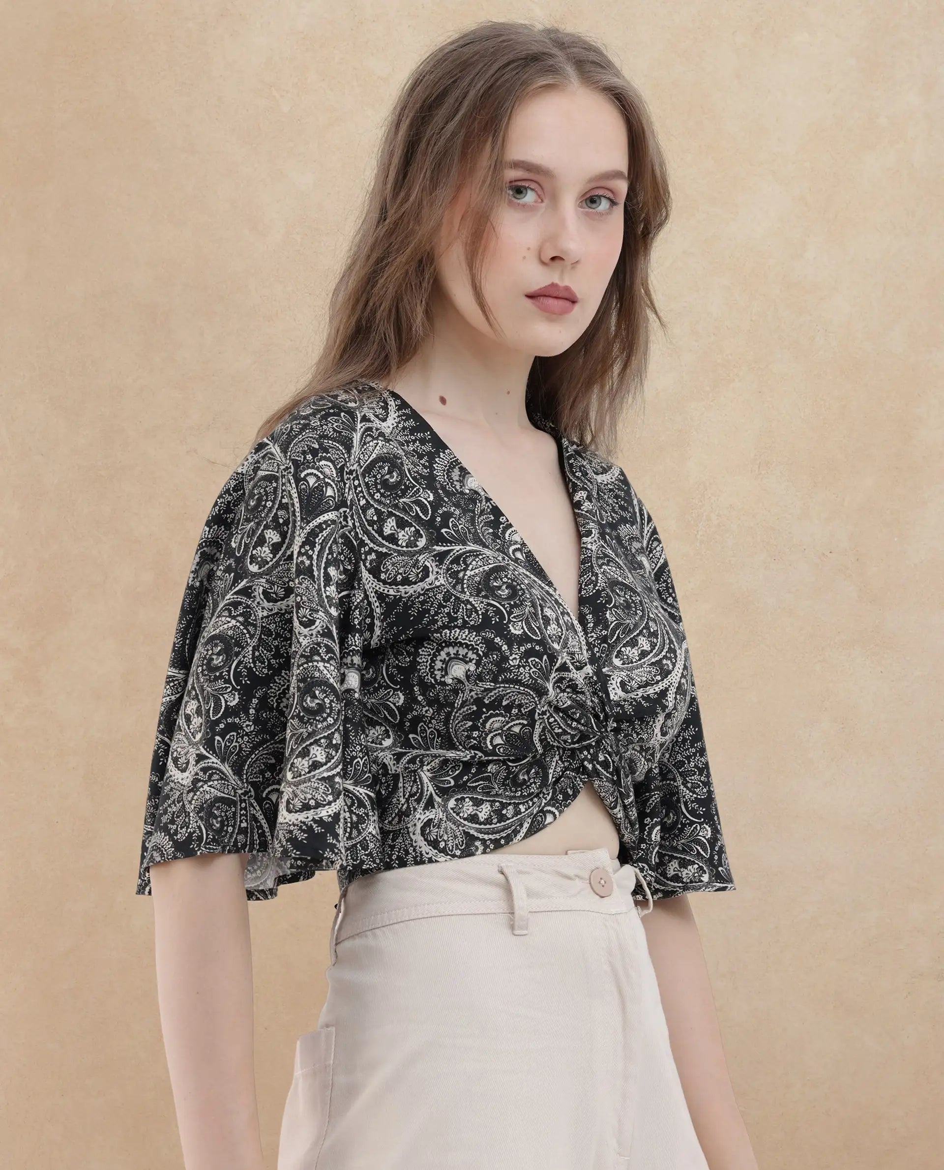 Rareism Women Clarence Black Cotton Modal Fabric Short Sleeves V-Neck Flared Sleeve Regular Fit Paisley Print Cropped Top