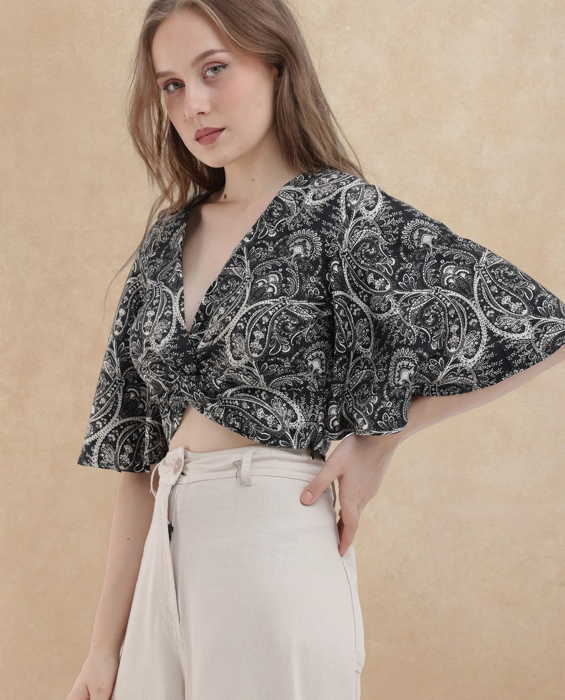 Rareism Women Clarence Black Cotton Modal Fabric Short Sleeves V-Neck Flared Sleeve Regular Fit Paisley Print Cropped Top