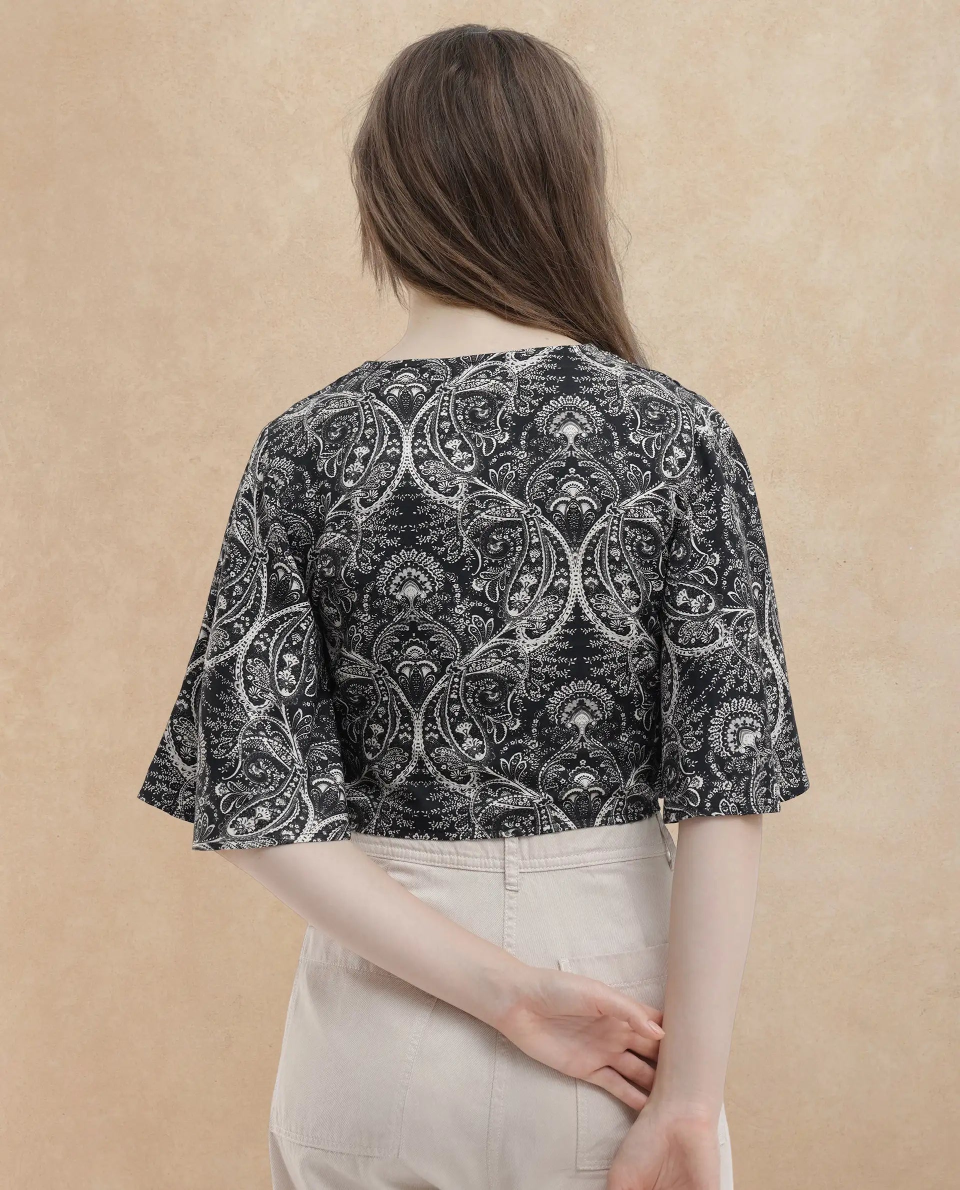 Rareism Women Clarence Black Cotton Modal Fabric Short Sleeves V-Neck Flared Sleeve Regular Fit Paisley Print Cropped Top