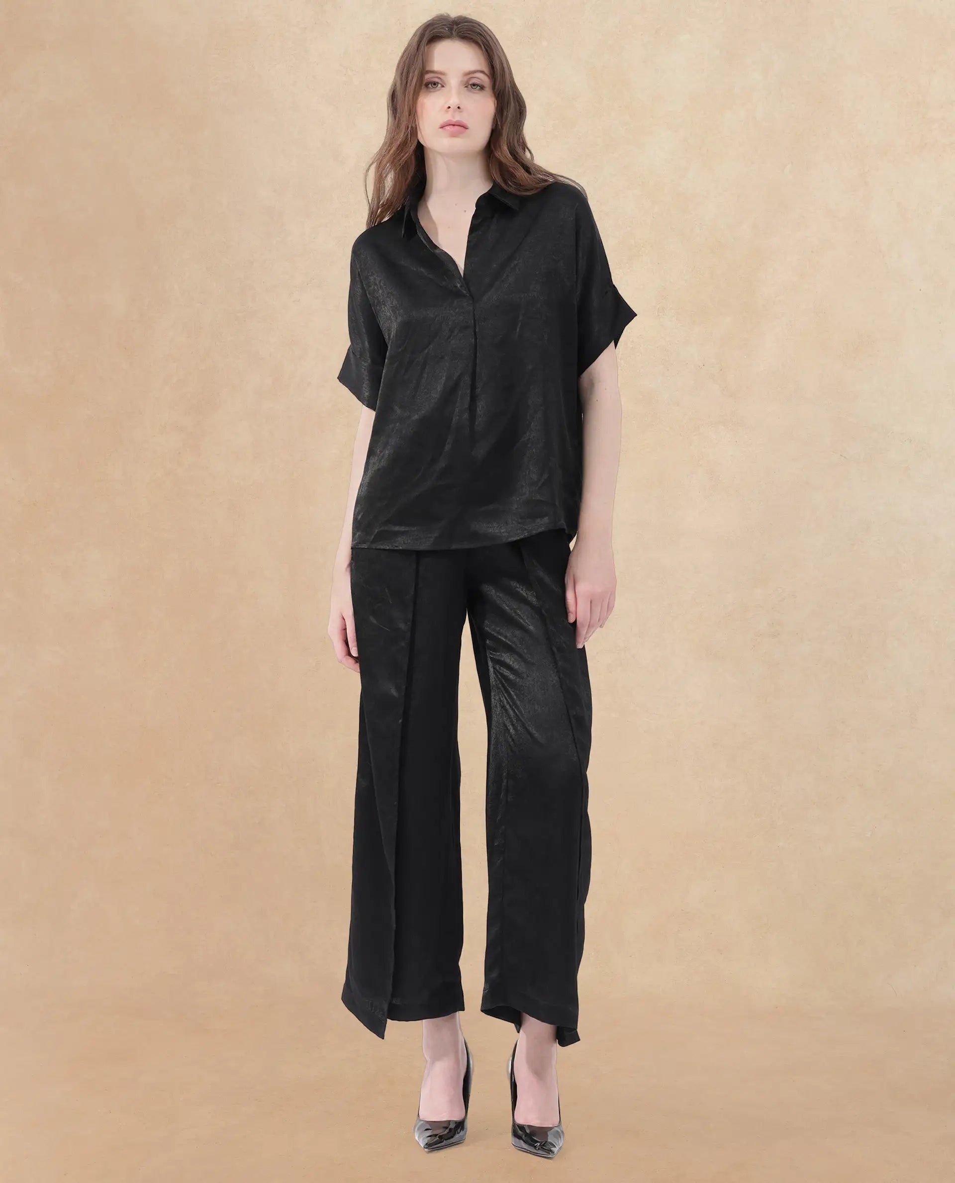 Rareism Women Cole Black Polyester Fabric Short Sleeves Johnny Collar Extended Sleeve Regular Fit Plain Top