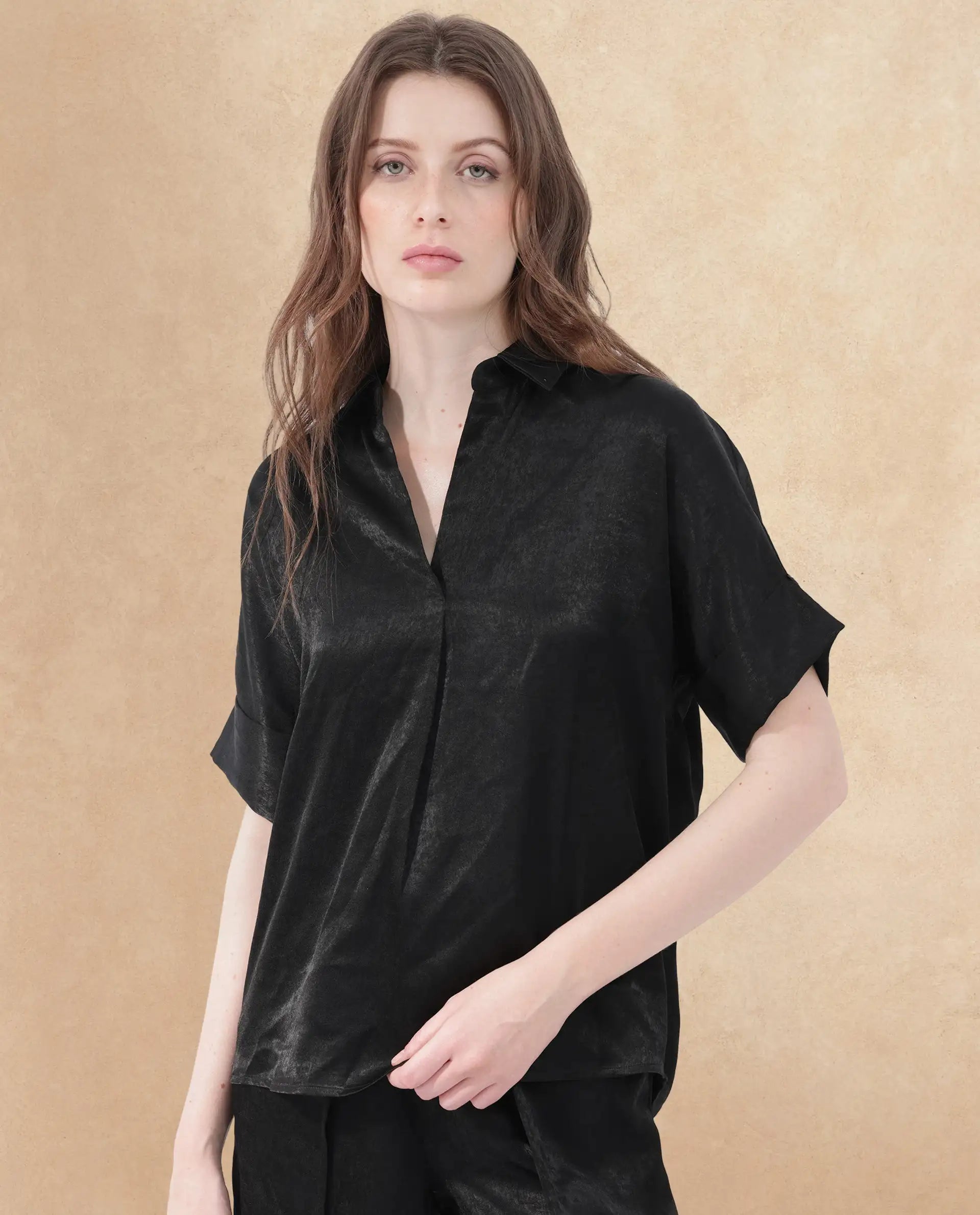 Rareism Women Cole Black Polyester Fabric Short Sleeves Johnny Collar Extended Sleeve Regular Fit Plain Top