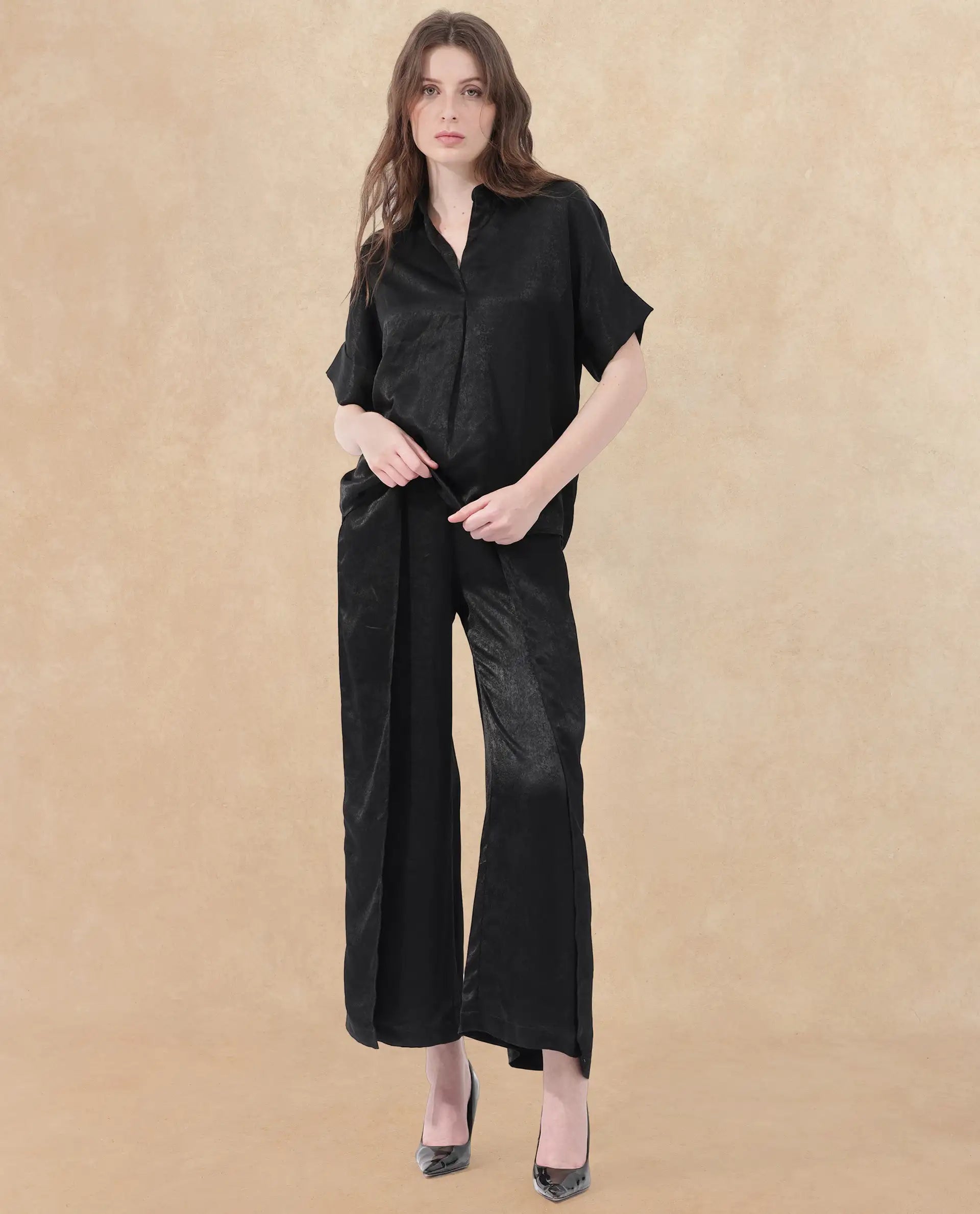 Rareism Women Cole Black Polyester Fabric Short Sleeves Johnny Collar Extended Sleeve Regular Fit Plain Top