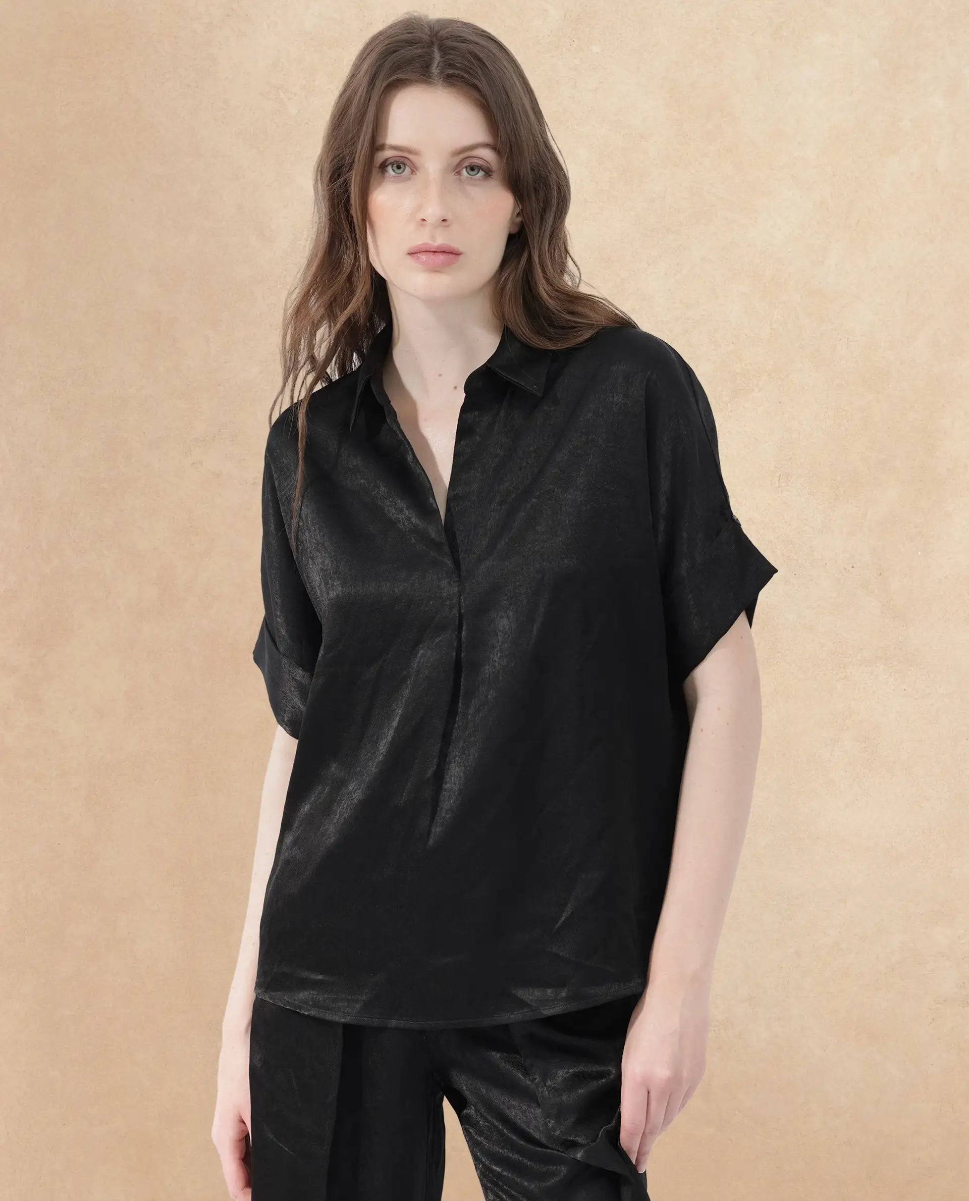 Rareism Women Cole Black Polyester Fabric Short Sleeves Johnny Collar Extended Sleeve Regular Fit Plain Top