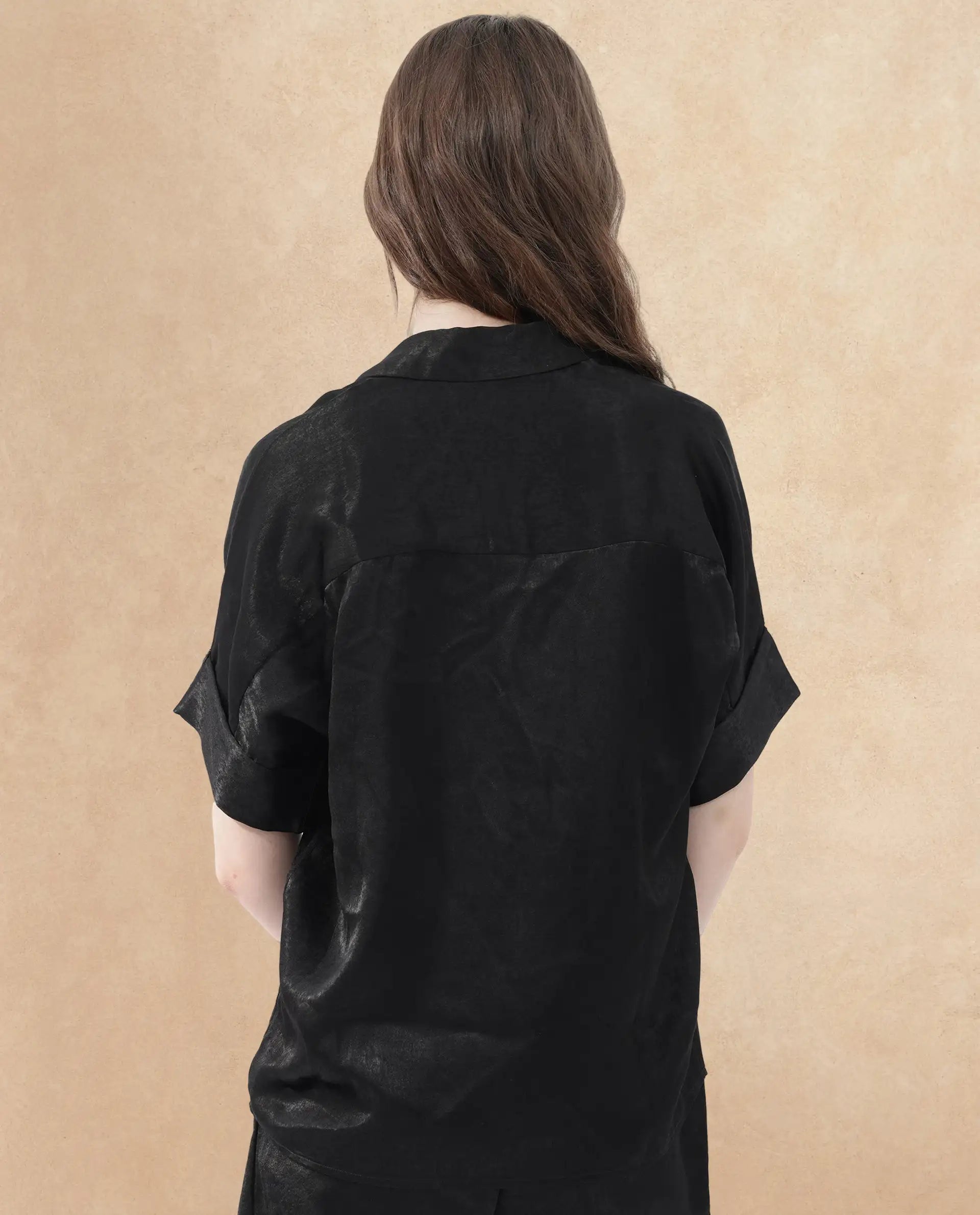 Rareism Women Cole Black Polyester Fabric Short Sleeves Johnny Collar Extended Sleeve Regular Fit Plain Top