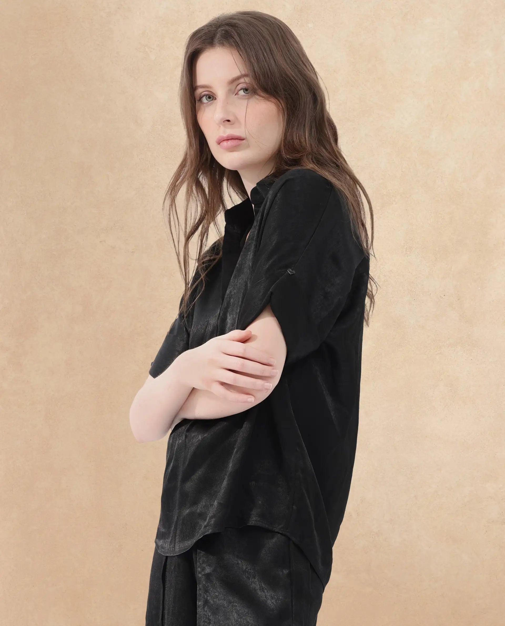 Rareism Women Cole Black Polyester Fabric Short Sleeves Johnny Collar Extended Sleeve Regular Fit Plain Top