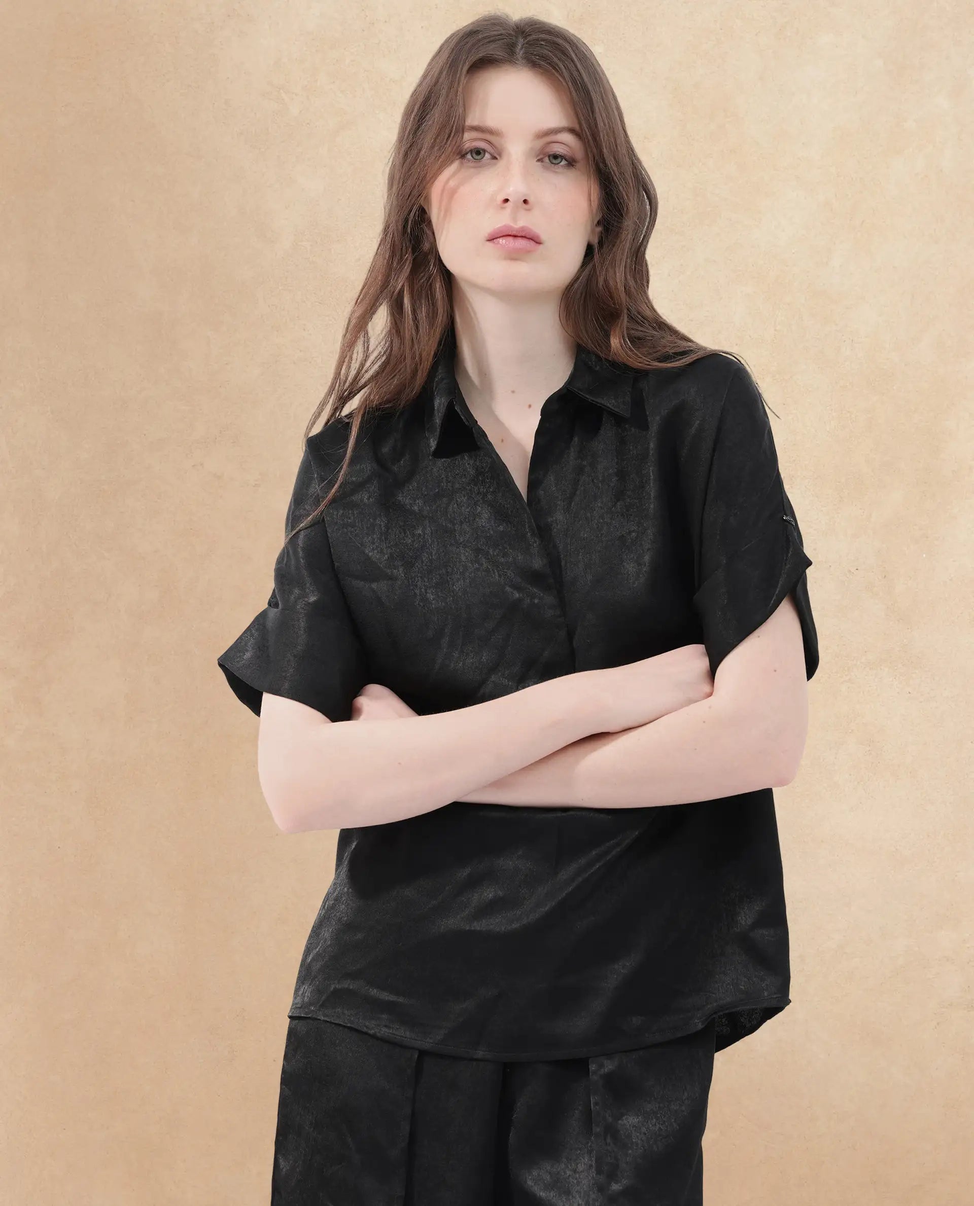 Rareism Women Cole Black Polyester Fabric Short Sleeves Johnny Collar Extended Sleeve Regular Fit Plain Top