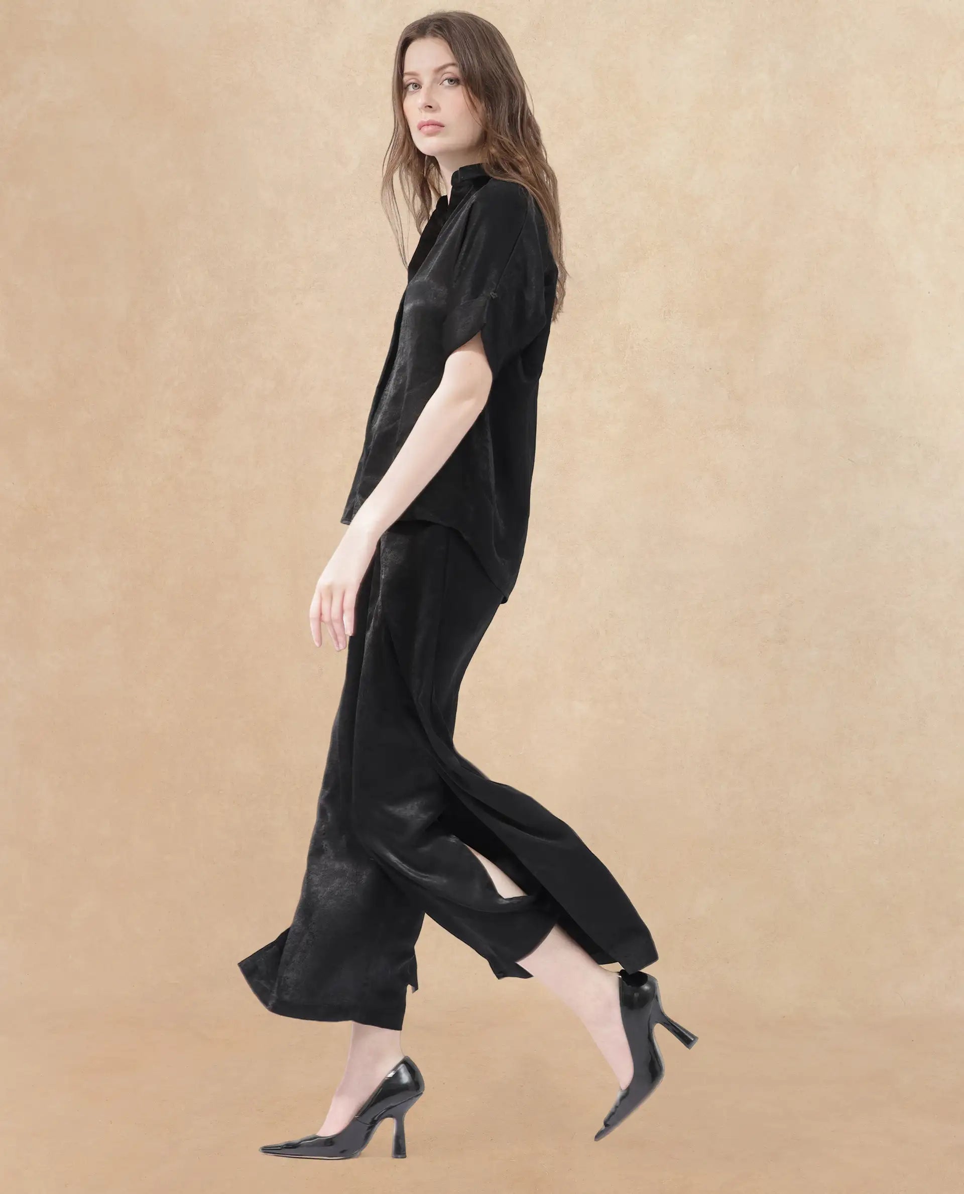 Rareism Women Cole Black Polyester Fabric Short Sleeves Johnny Collar Extended Sleeve Regular Fit Plain Top