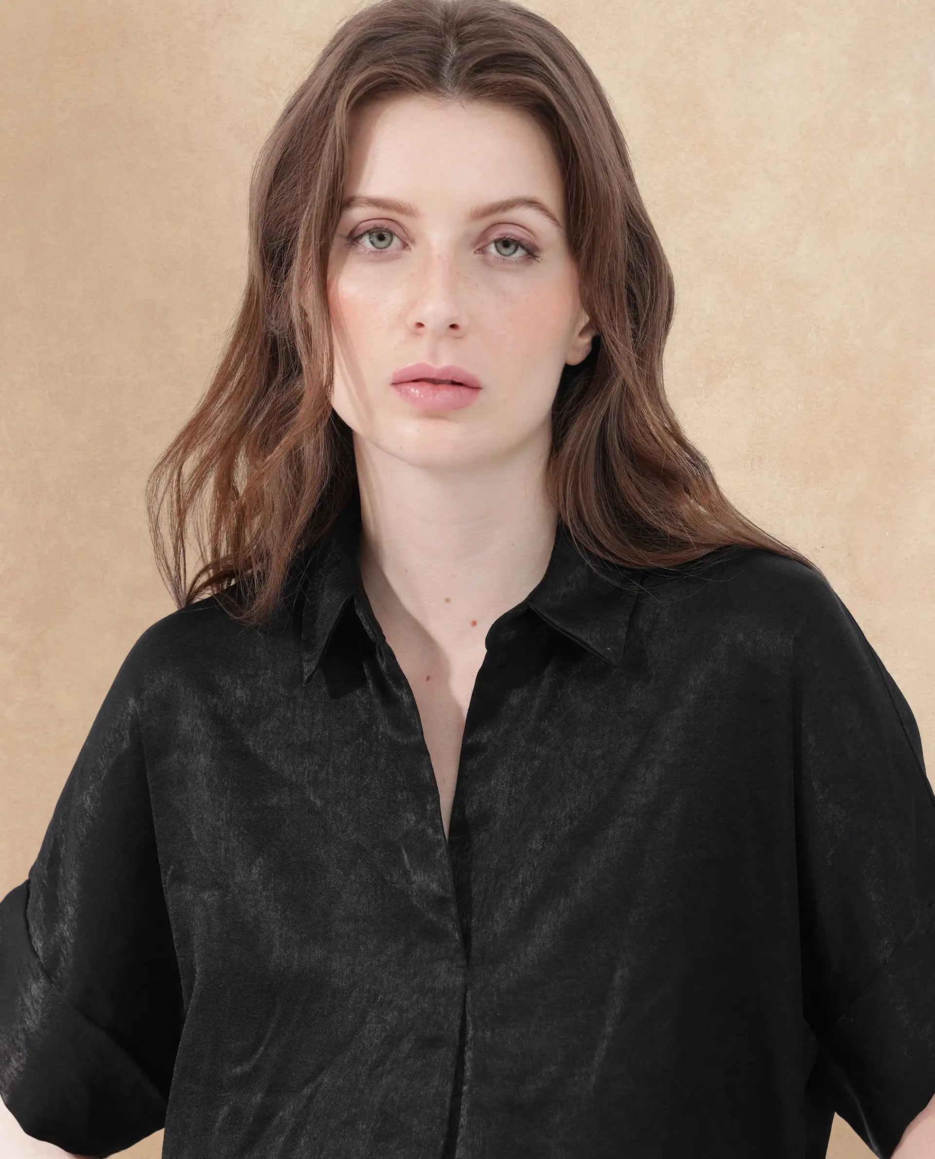 Rareism Women Cole Black Polyester Fabric Short Sleeves Johnny Collar Extended Sleeve Regular Fit Plain Top