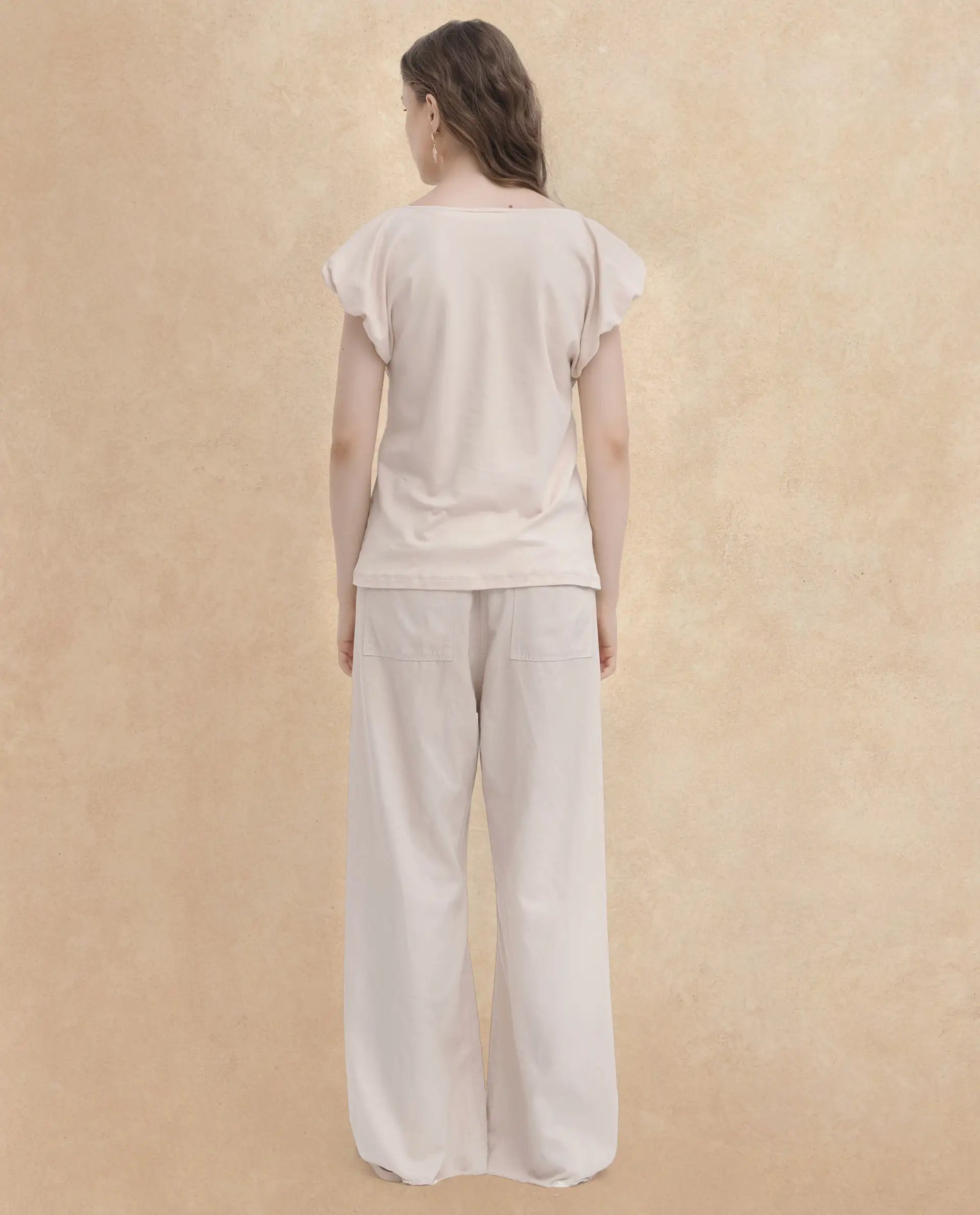 Rareism Women Conrad Beige Cotton Fabric Short Sleeves V-Neck Extended Sleeve Regular Fit Plain Top